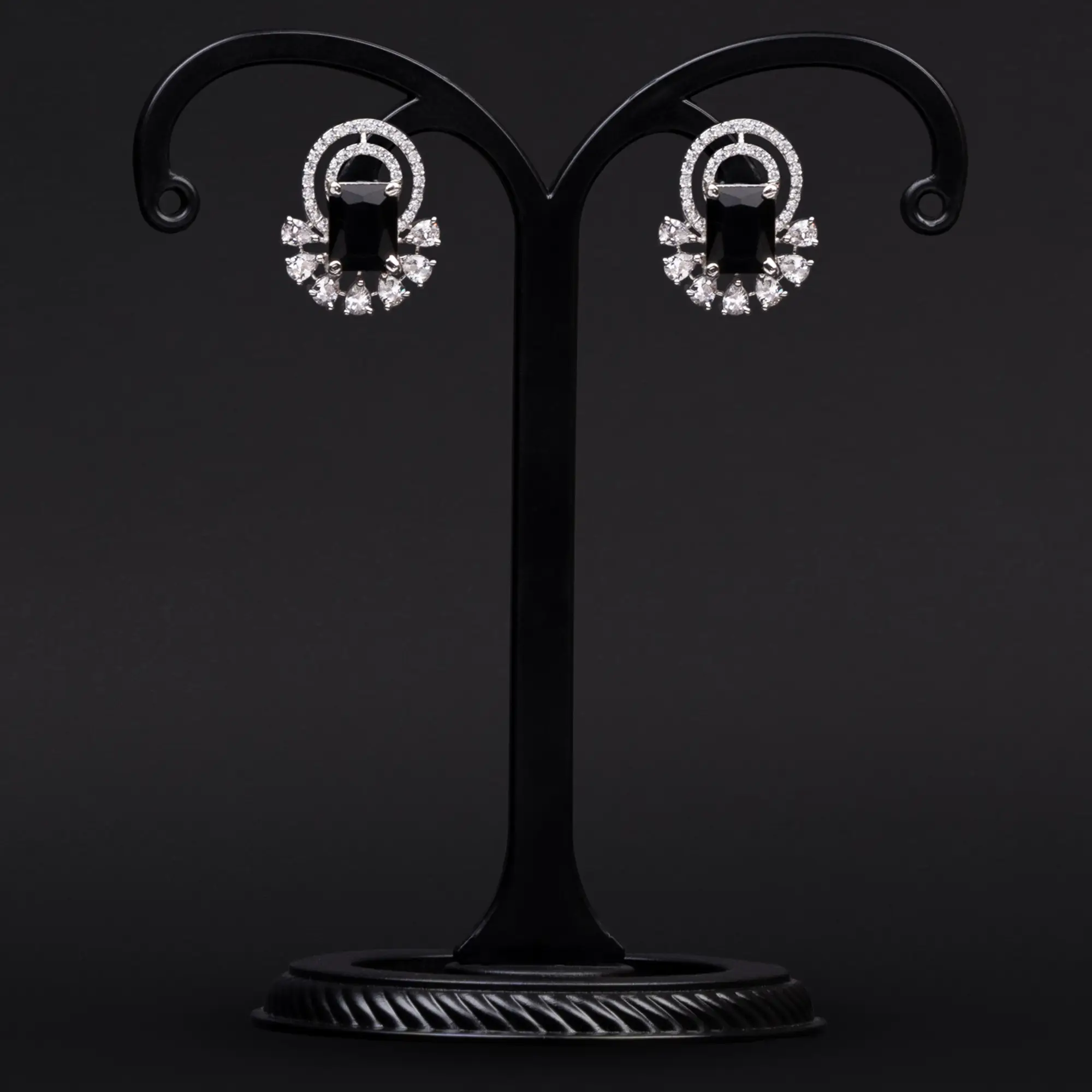 Black Stone, American Diamonds and Drop Shaped White Stone Earrings with Rhodium Polish