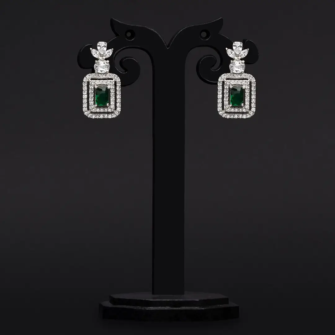 Rhodium-Plated American Diamond Earrings with White and Emerald Green Stones