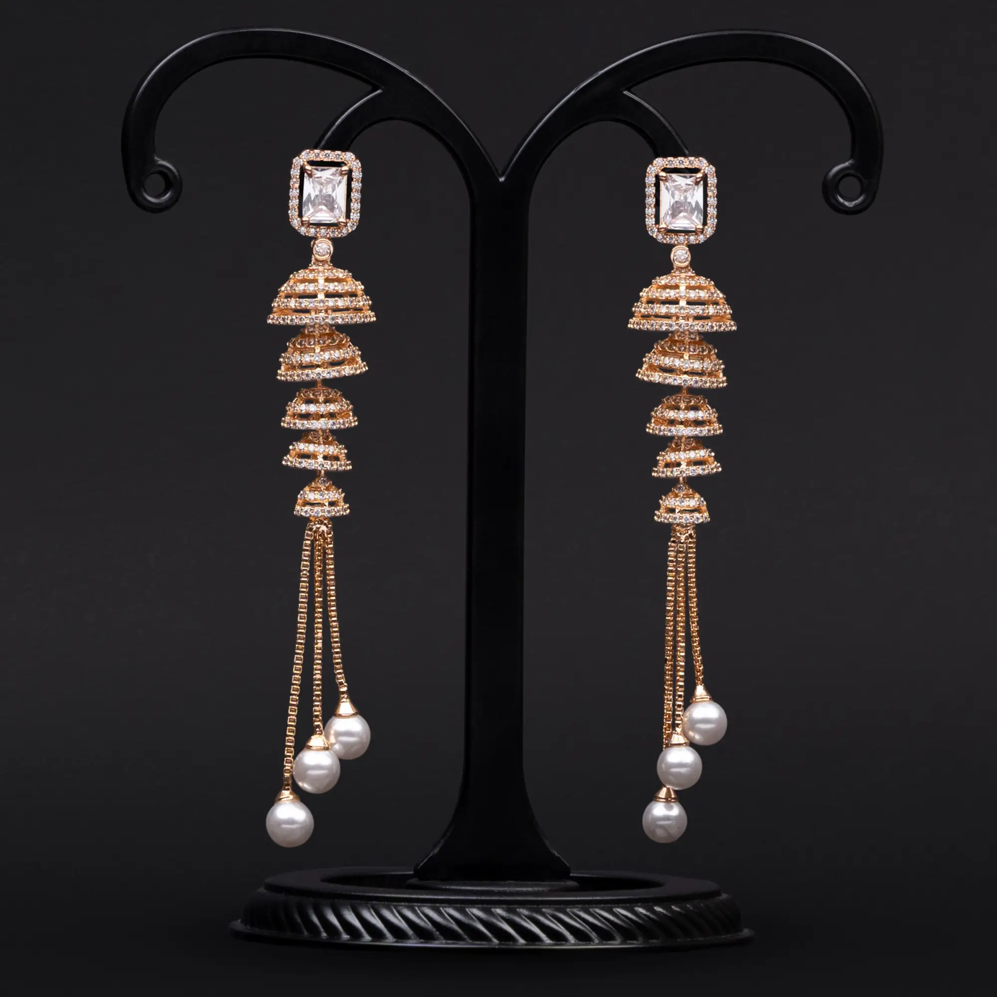 White Stone Chic Danglers with American Diamonds in Rose Gold-Plating