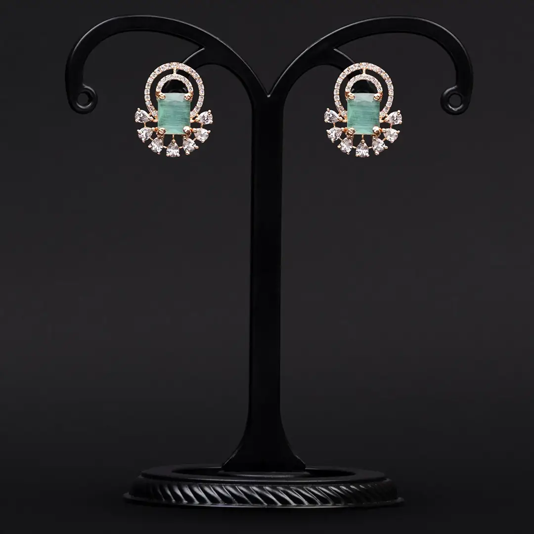 Refreshing Mint Stone, American Diamonds and Drop Shaped White Stone Earrings with Rose Gold-Plating