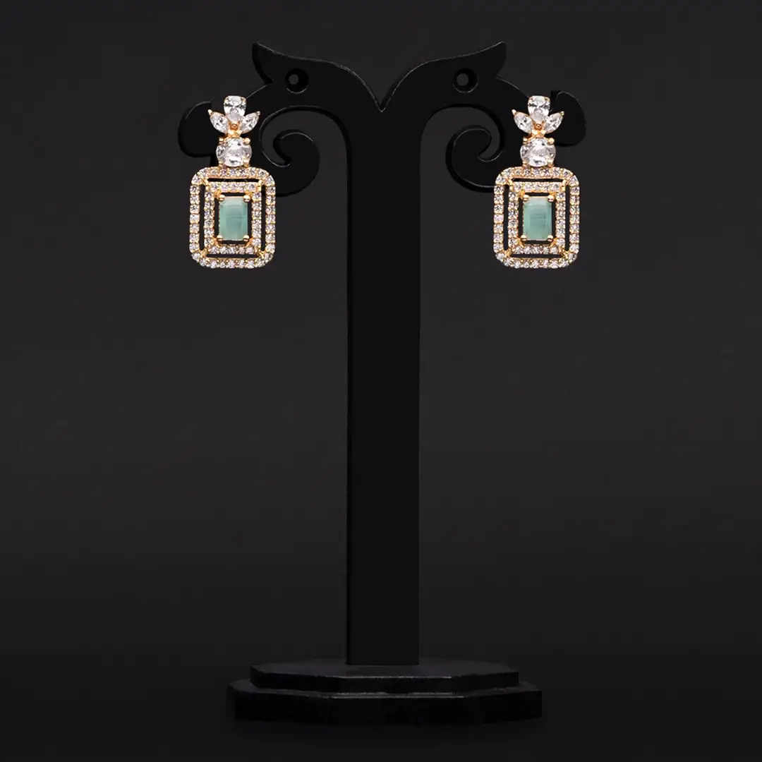 Rose Gold-Plated American Diamond Earrings with White and Mint Stones