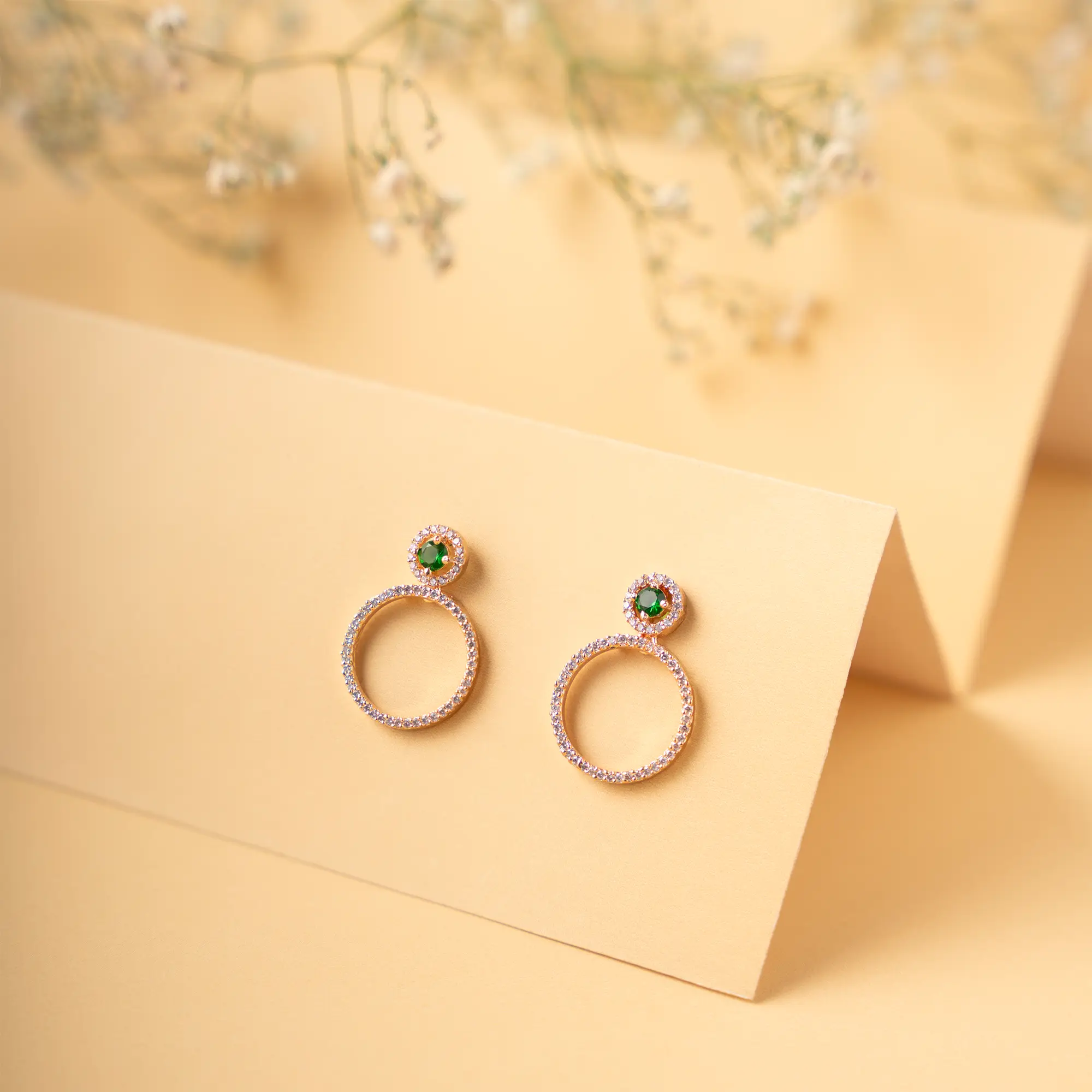 Round Green Stone - American Diamond Studded Earrings with Rose Gold-Plating