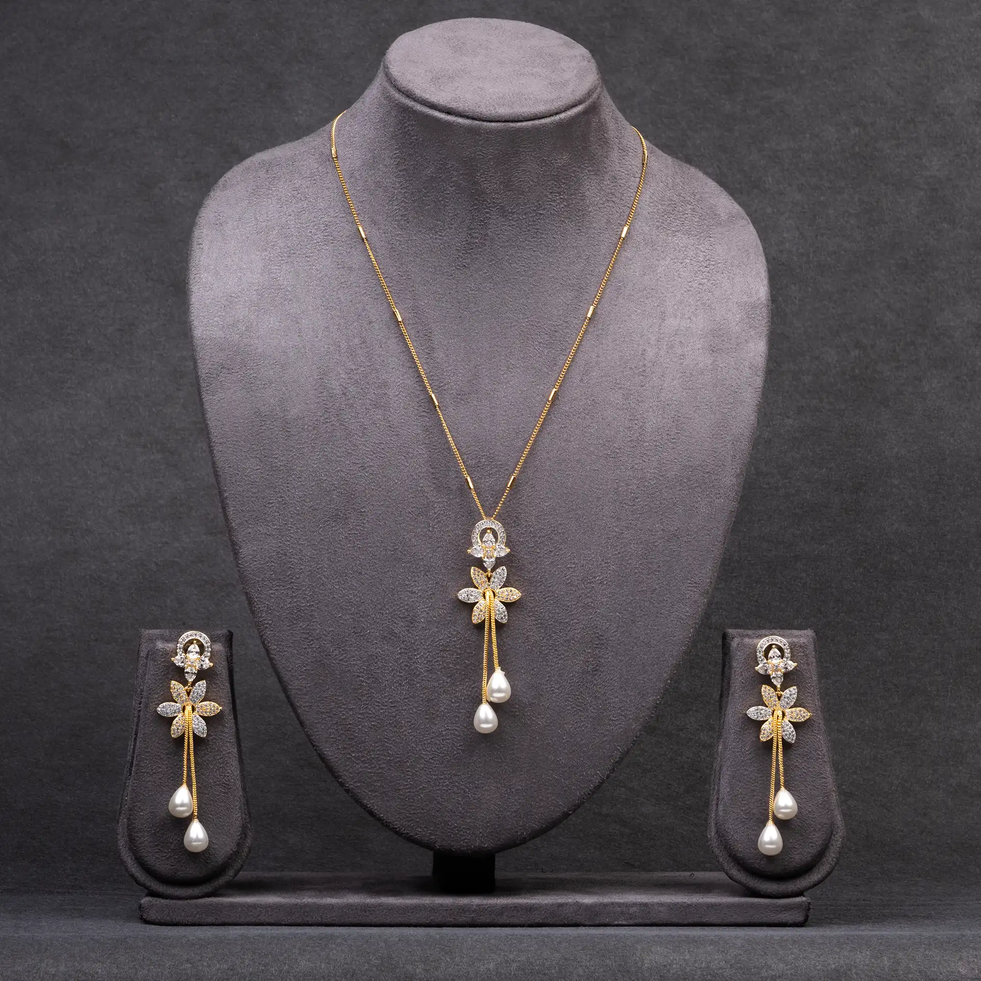 Gold-Plated American Diamond, White Stone and Drop-Shaped Pearls Pendant Set with Chain