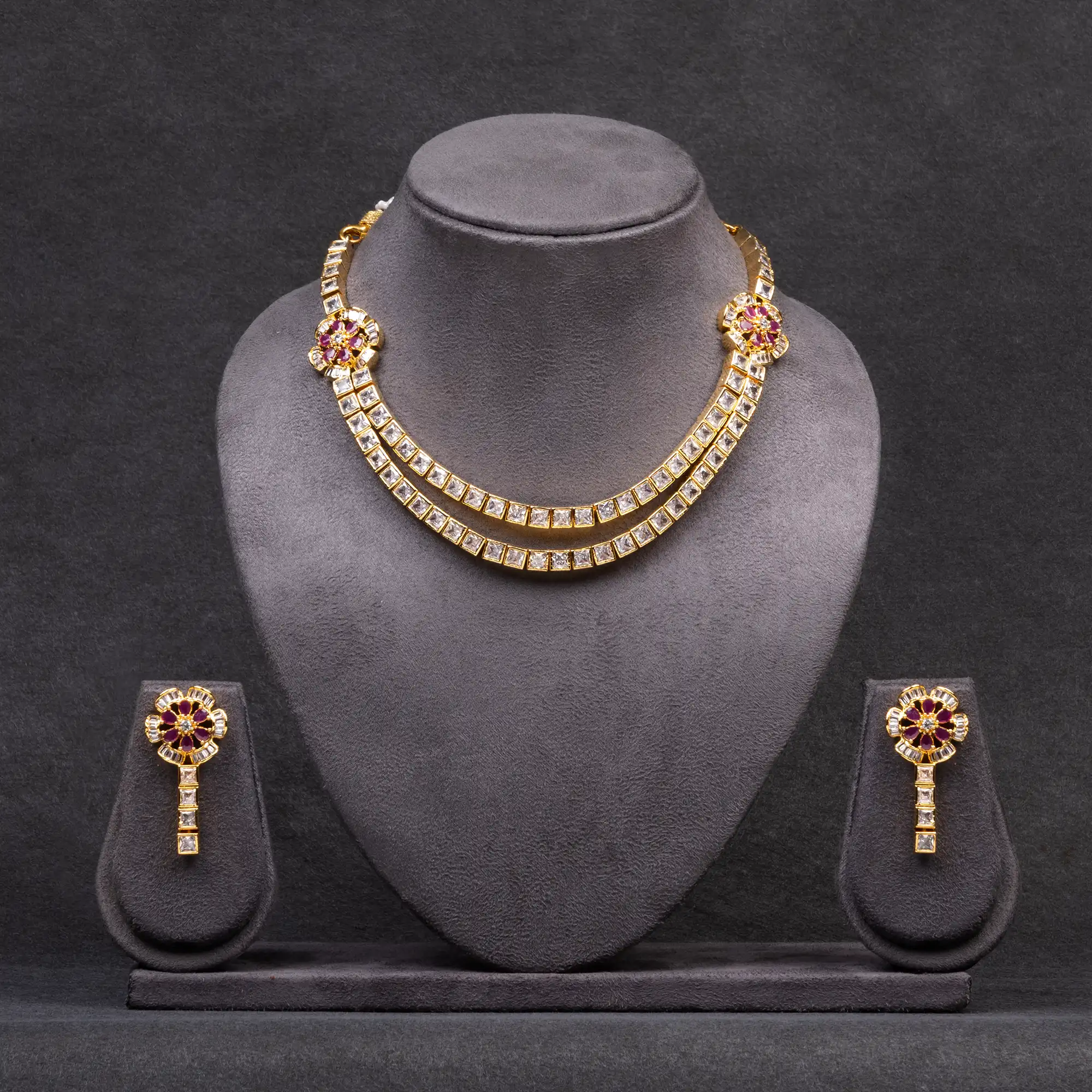 Gold-Plated Kundan and Chowki Set with Ruby Stones Necklace and Earrings