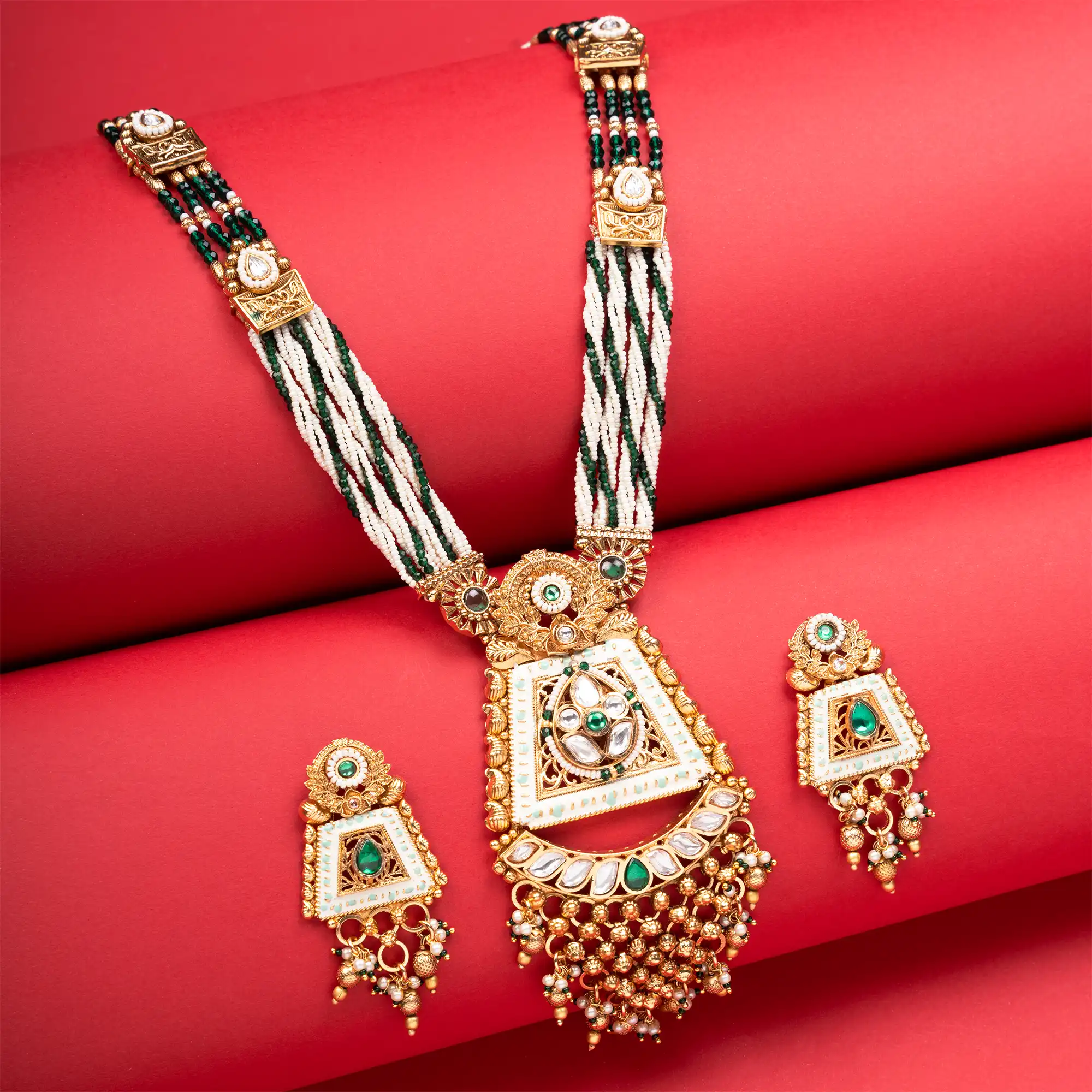 Rajwadi Look Gold-Plated Kundan, Meenakari and Pearl Long Necklace Set with Earrings
