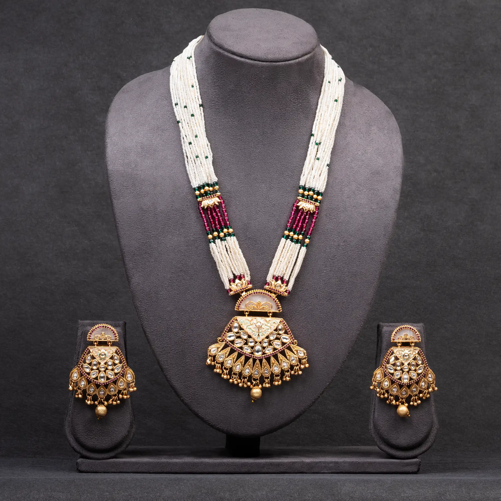Rajwadi Look Gold-Plated Kundan, Meenakari and Pearl Long Necklace Set with Earrings