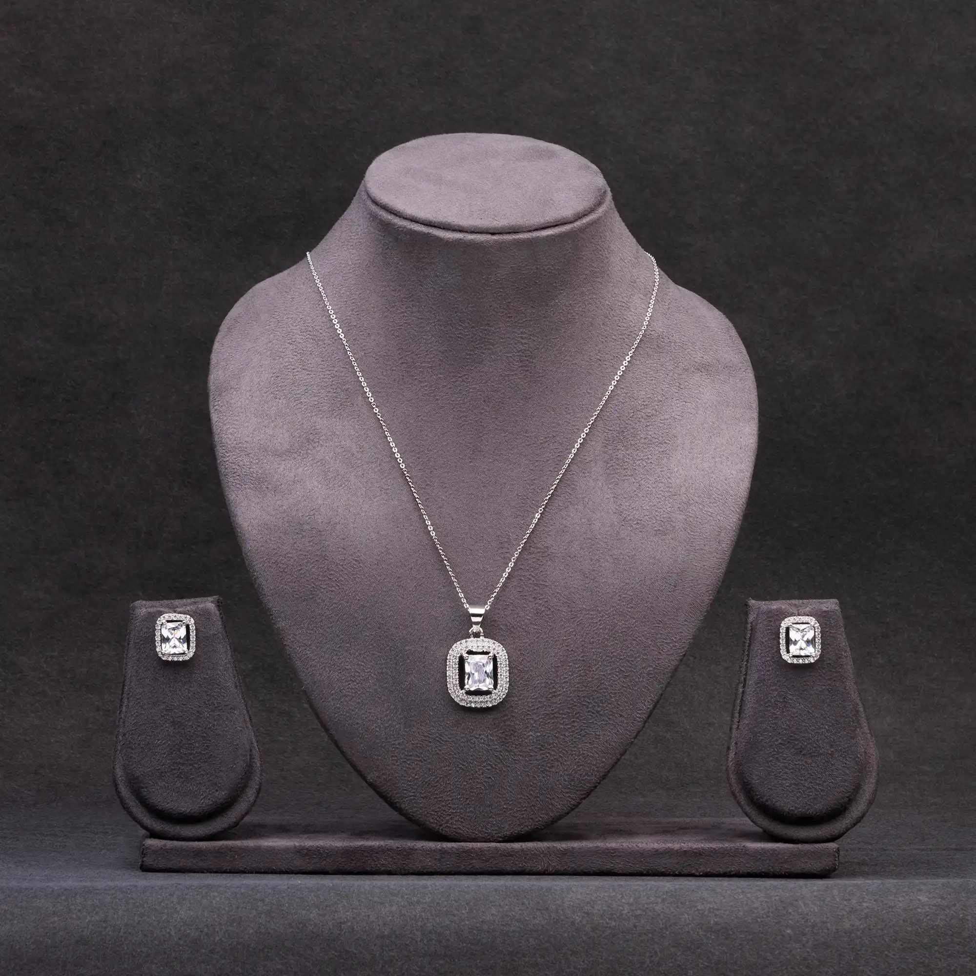 Rhodium-Plated American Diamond and White Stone Pendant Set with Chain