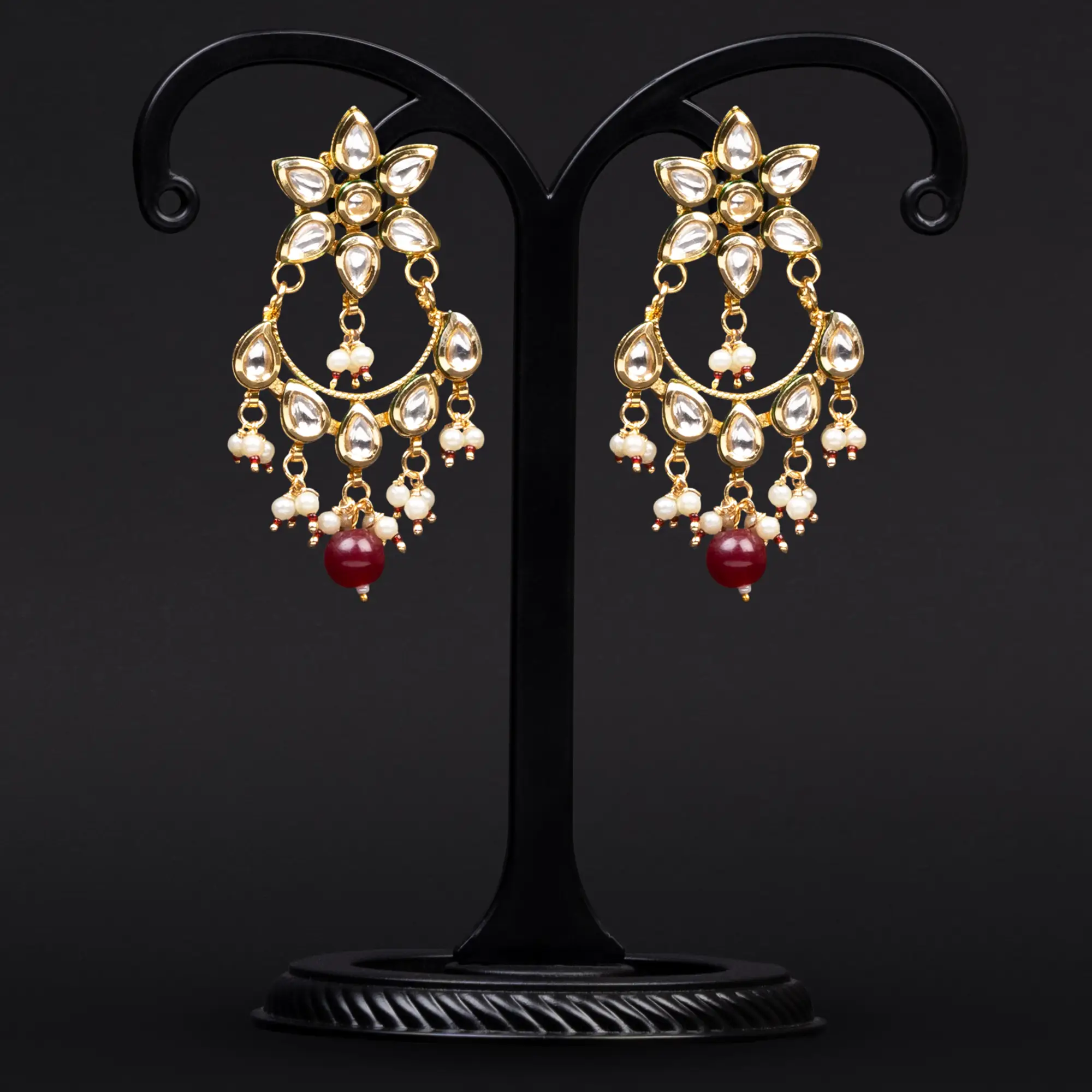 Gold Plated Kundan Earrings with White and Red Pearls