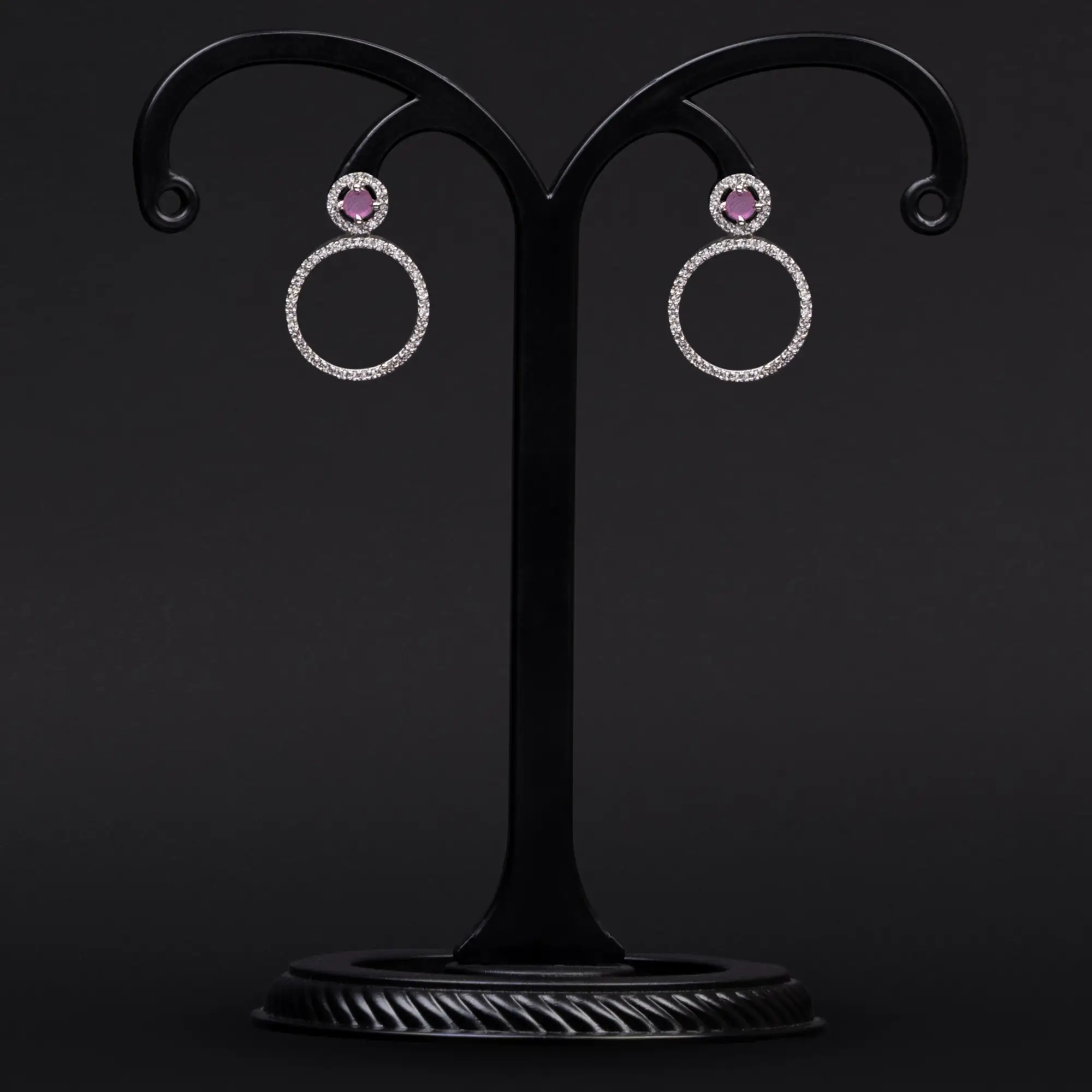 Rhodium-Plated Round Pink Stone and American Diamond Studded Earrings
