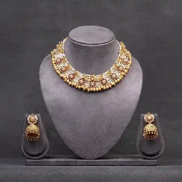Gold-Plated Necklace and Jhumkas Set with Kundan and White Pearls