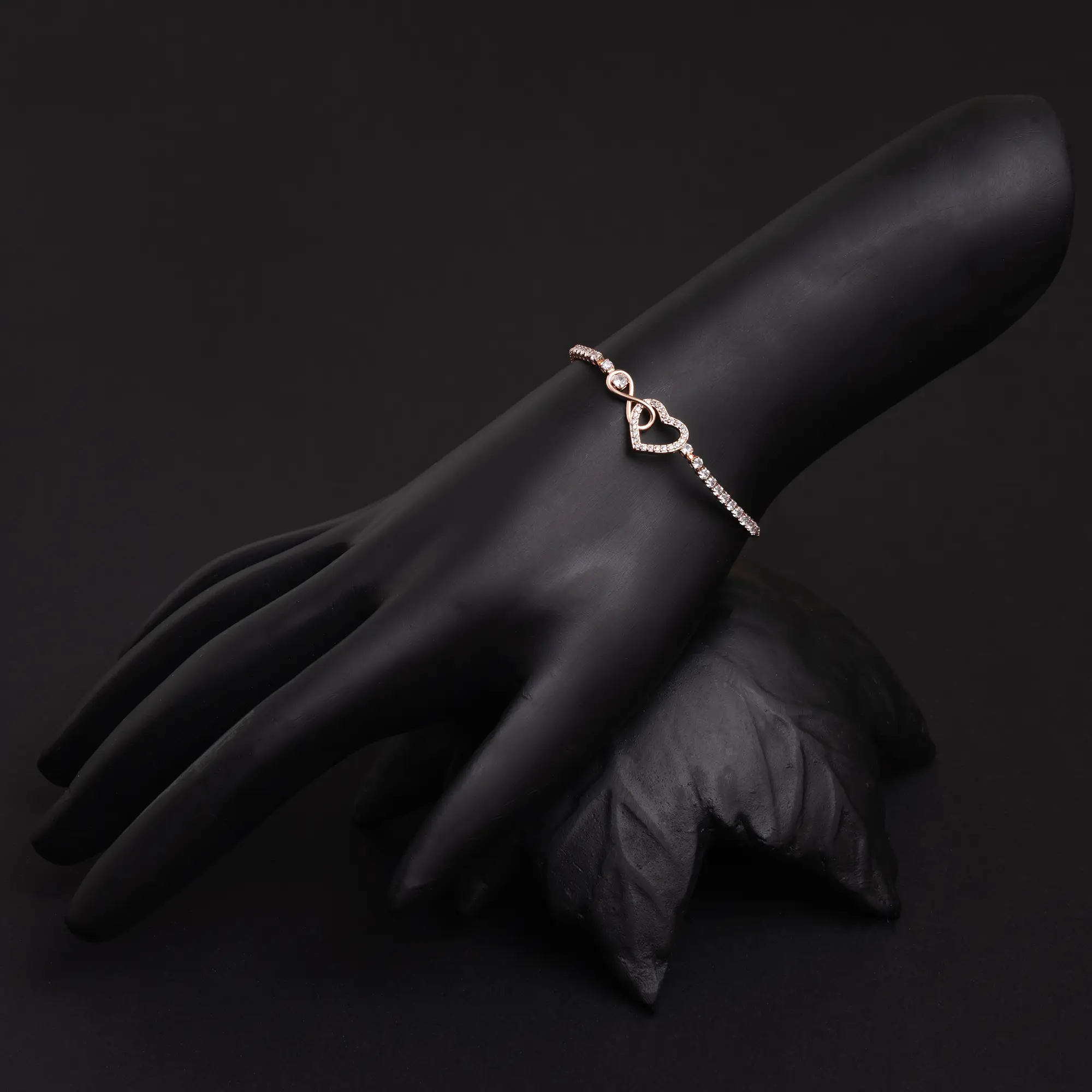 Rose Gold-Plated American Diamond Tie-Up Bracelet with Heart Motif
