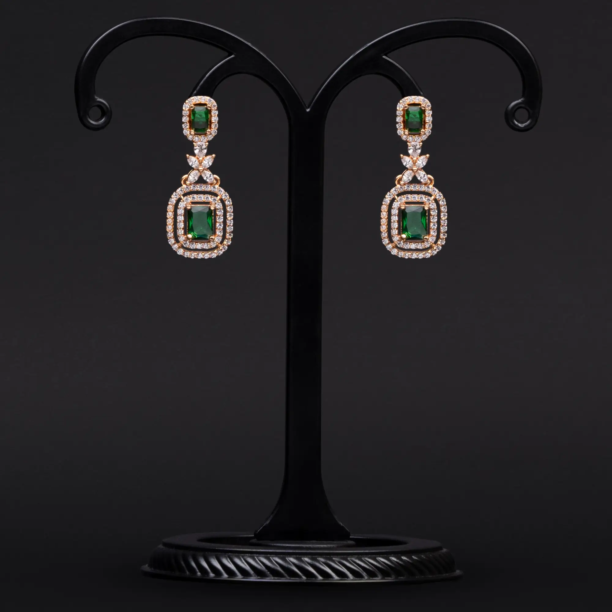 Emerald Green Stone with American Diamond in Rose Gold-Plated Earrings