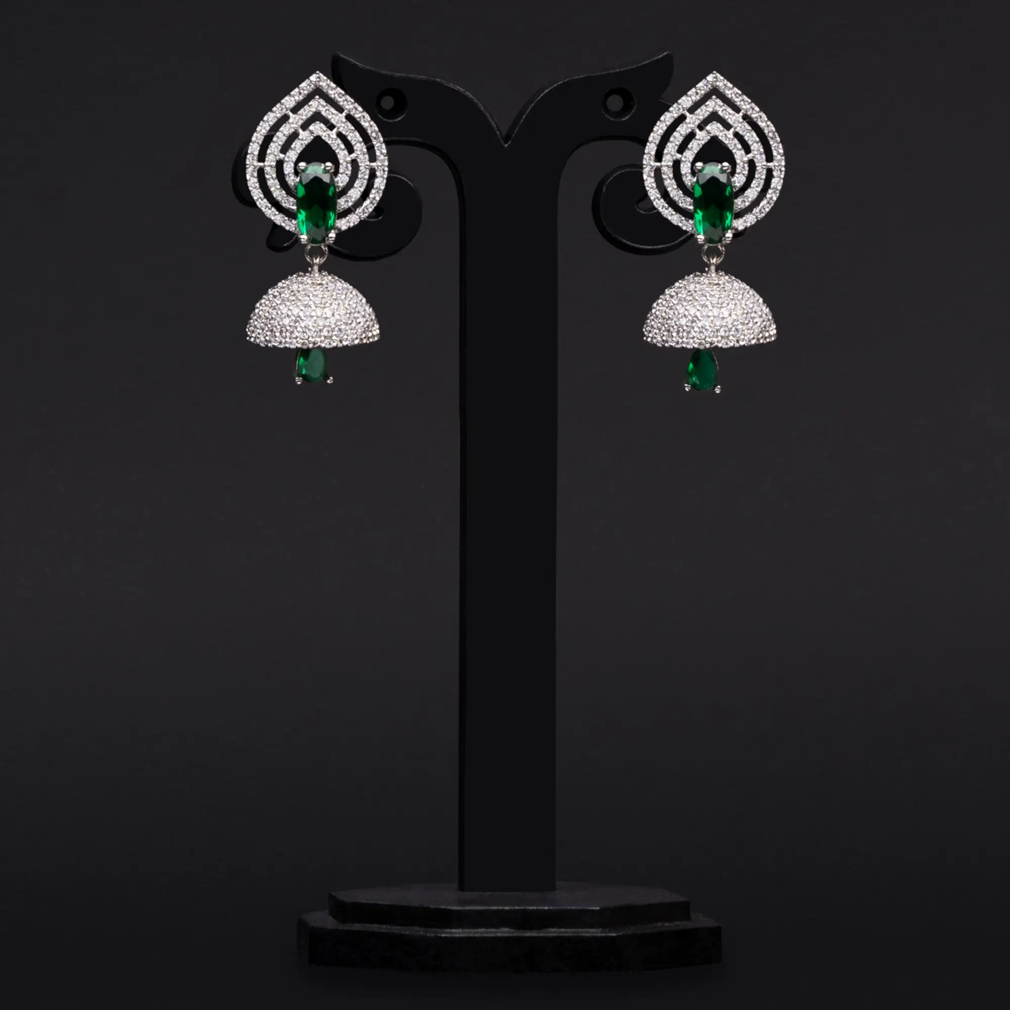 Green Emerald Stone and American Diamond Jhumkas with Rhodium-Plating