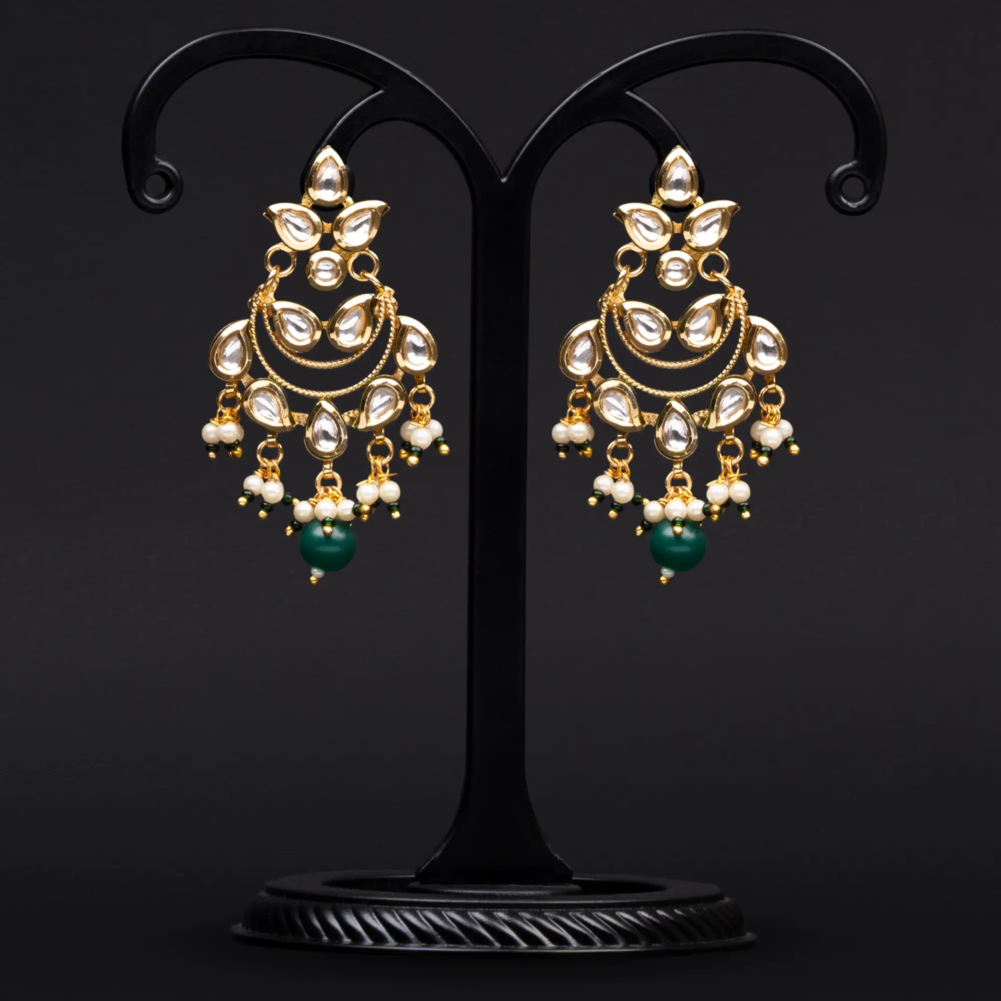 Gold Plated Kundan Earrings with White and Green Pearls