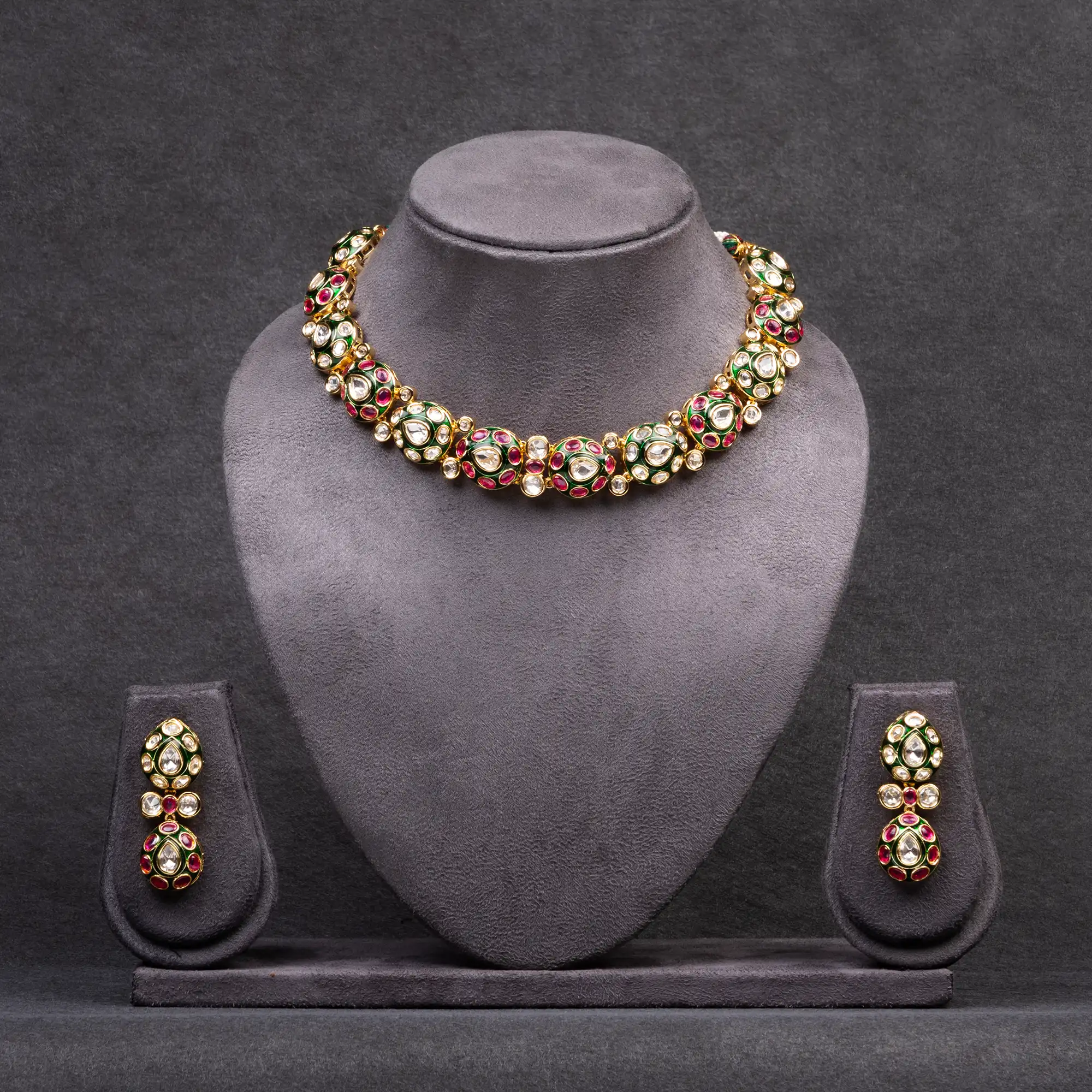 Gold-Plated Kundan, Ruby Red Stones and Green Meenakari Necklace and Earrings Set