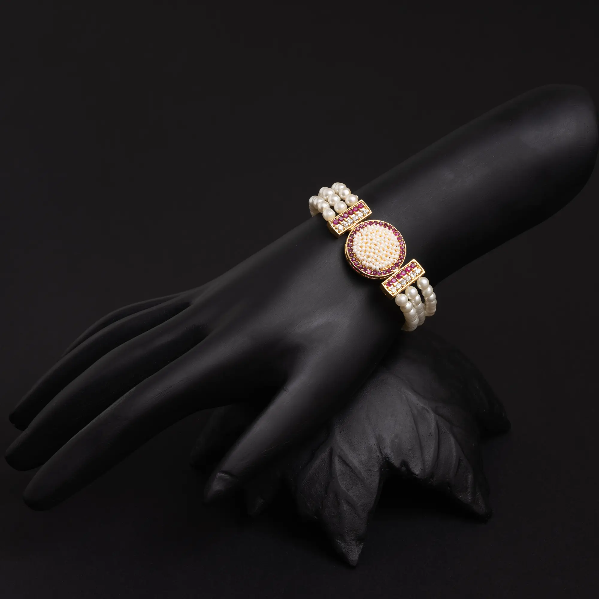 Gold-Plated Pearls, Red Stones and American Diamonds Bracelet