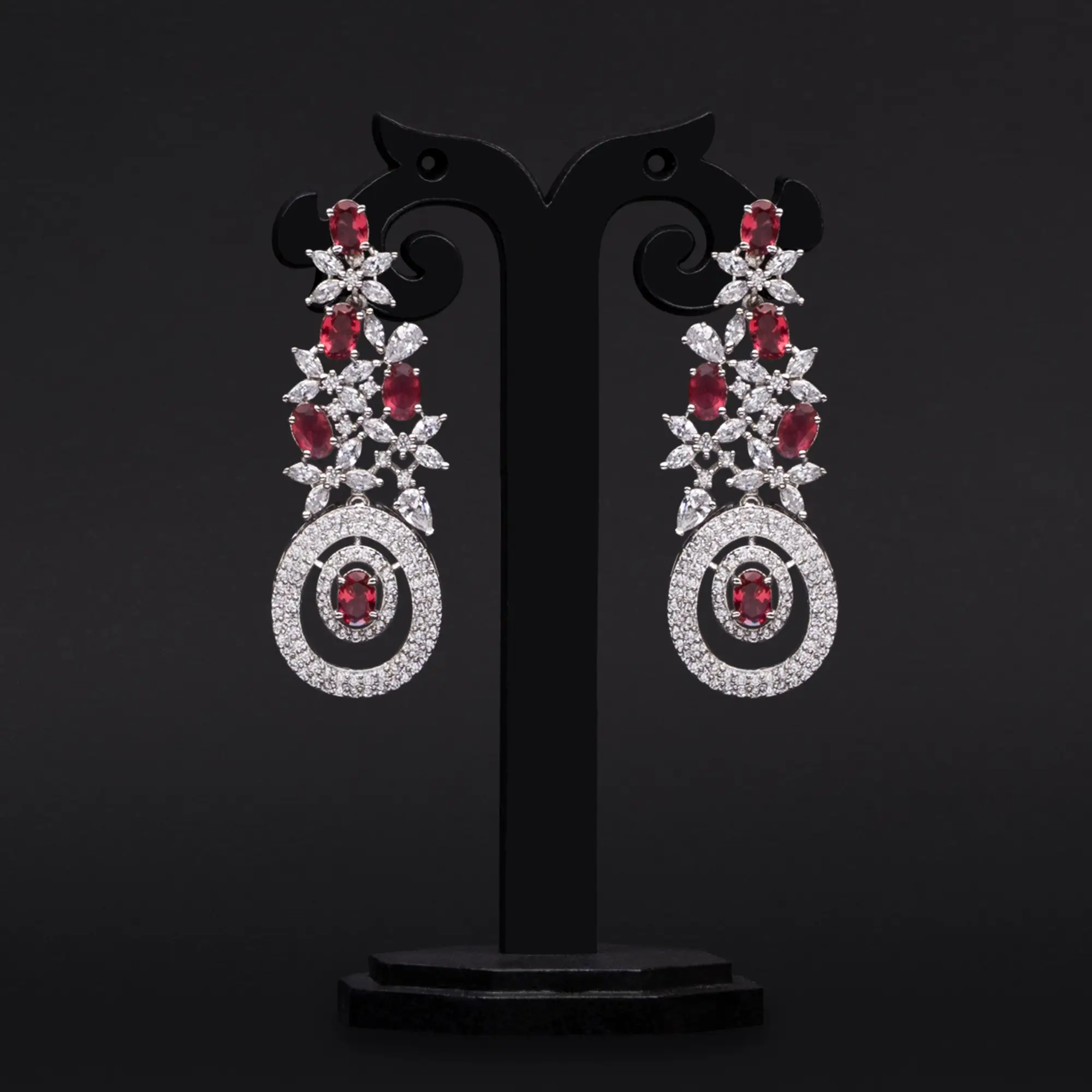 Refreshing Red Stones and American Diamonds Stylish Dangler with Rhodium Plating