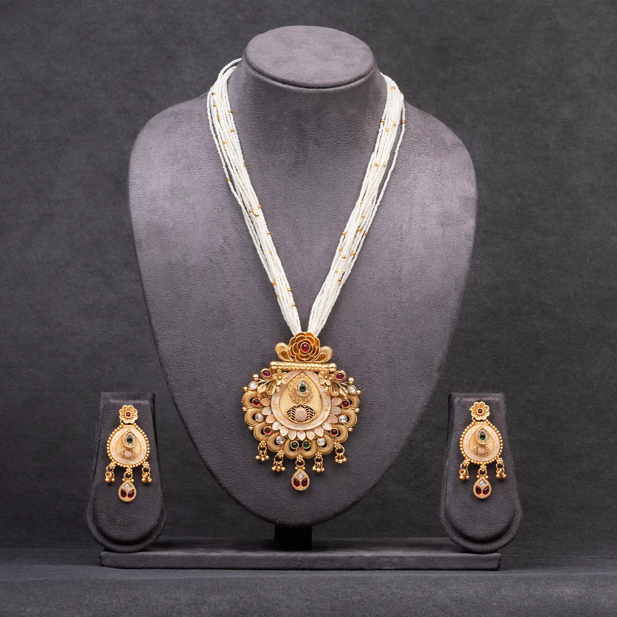 Gold and Meenakari Pendant Set with 12 Lined White Pearls Mala
