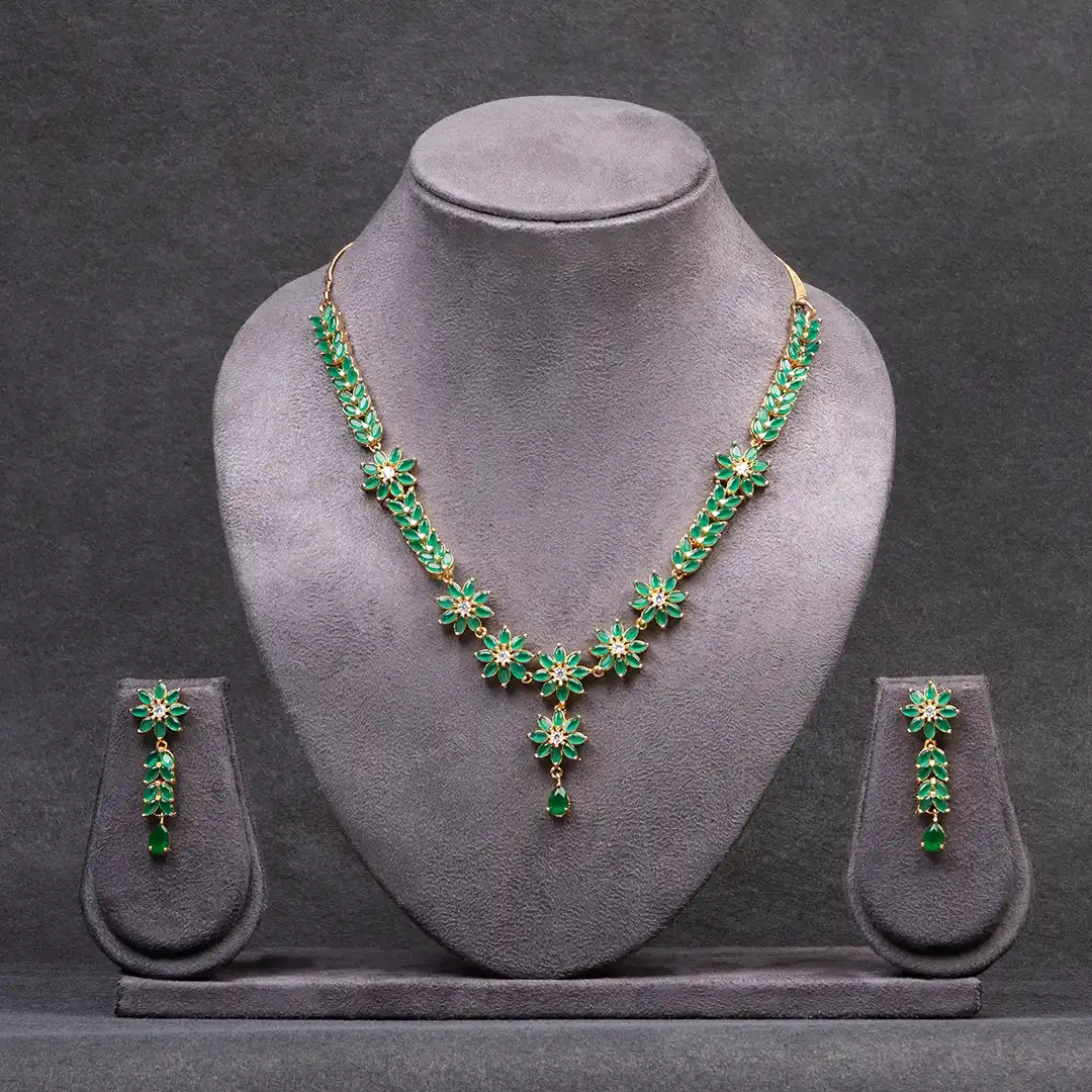 Gold-Plated Green Stone and American Diamond Necklace and Earrings