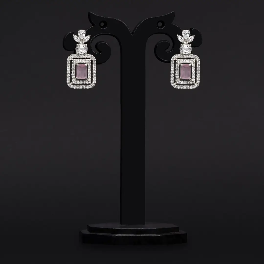 Rhodium-Plated American Diamond Earrings with White and Blush Pink Stones
