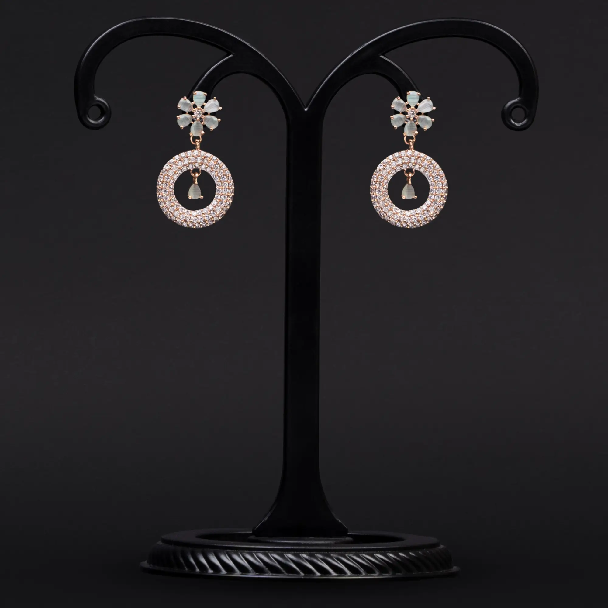 Light Mint Floral Motif with American Diamond Studded Rose Gold-Plated Earrings