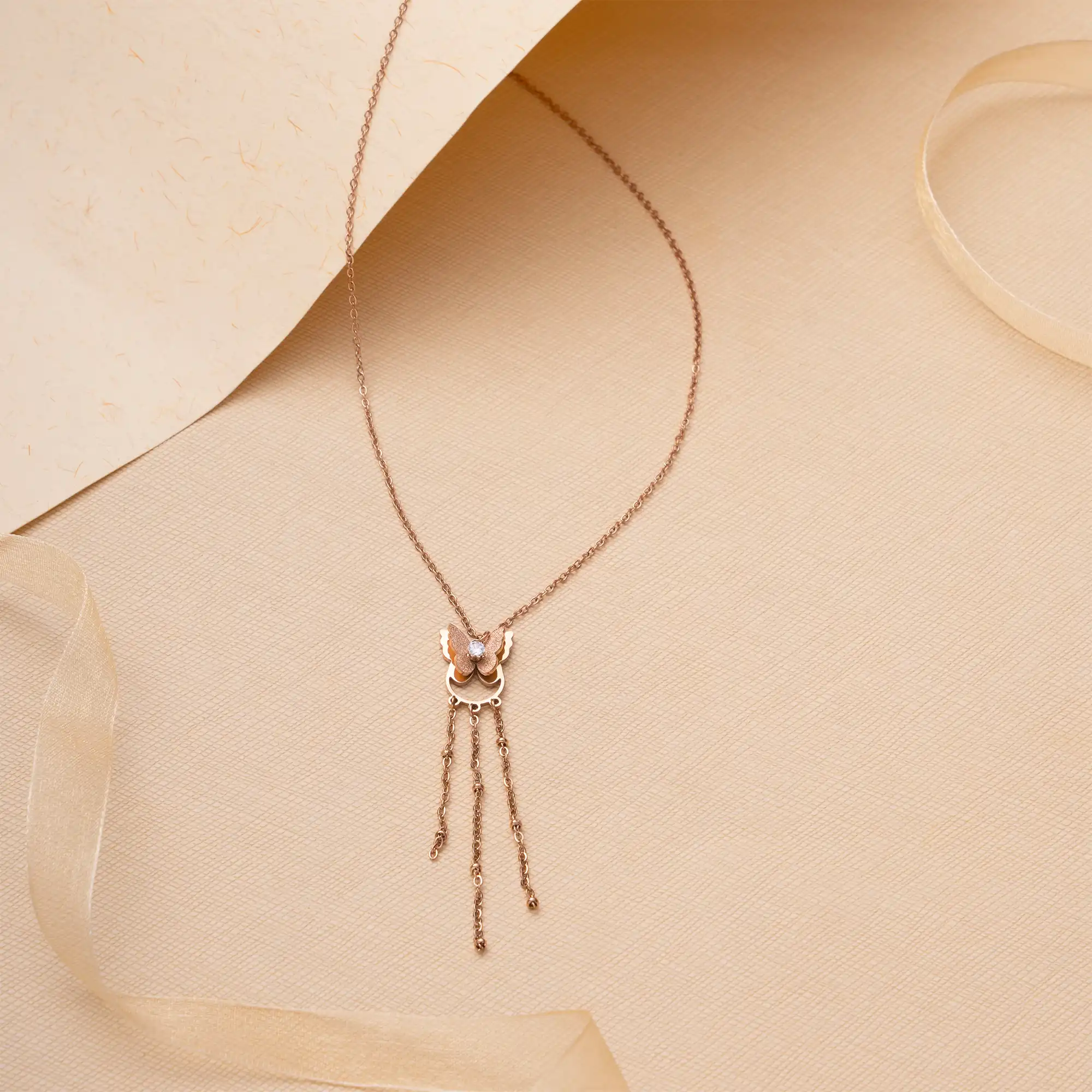 Rose Gold-Plated Butterfly Motif Light Weight Pendant with Chain