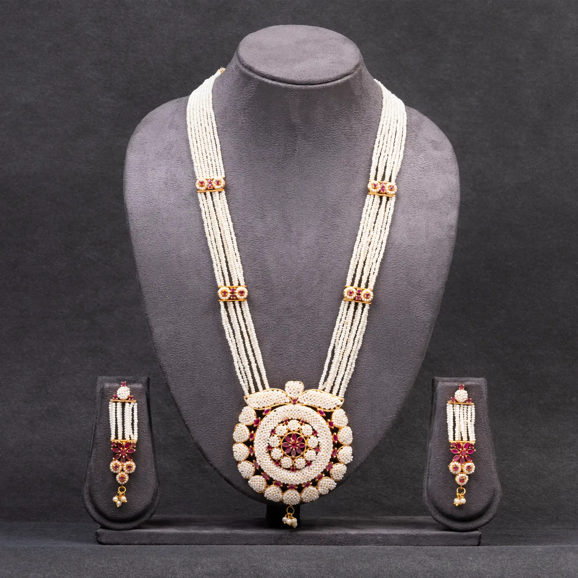 Basra Pearl and Ruby Stone Long Necklace and Earrings