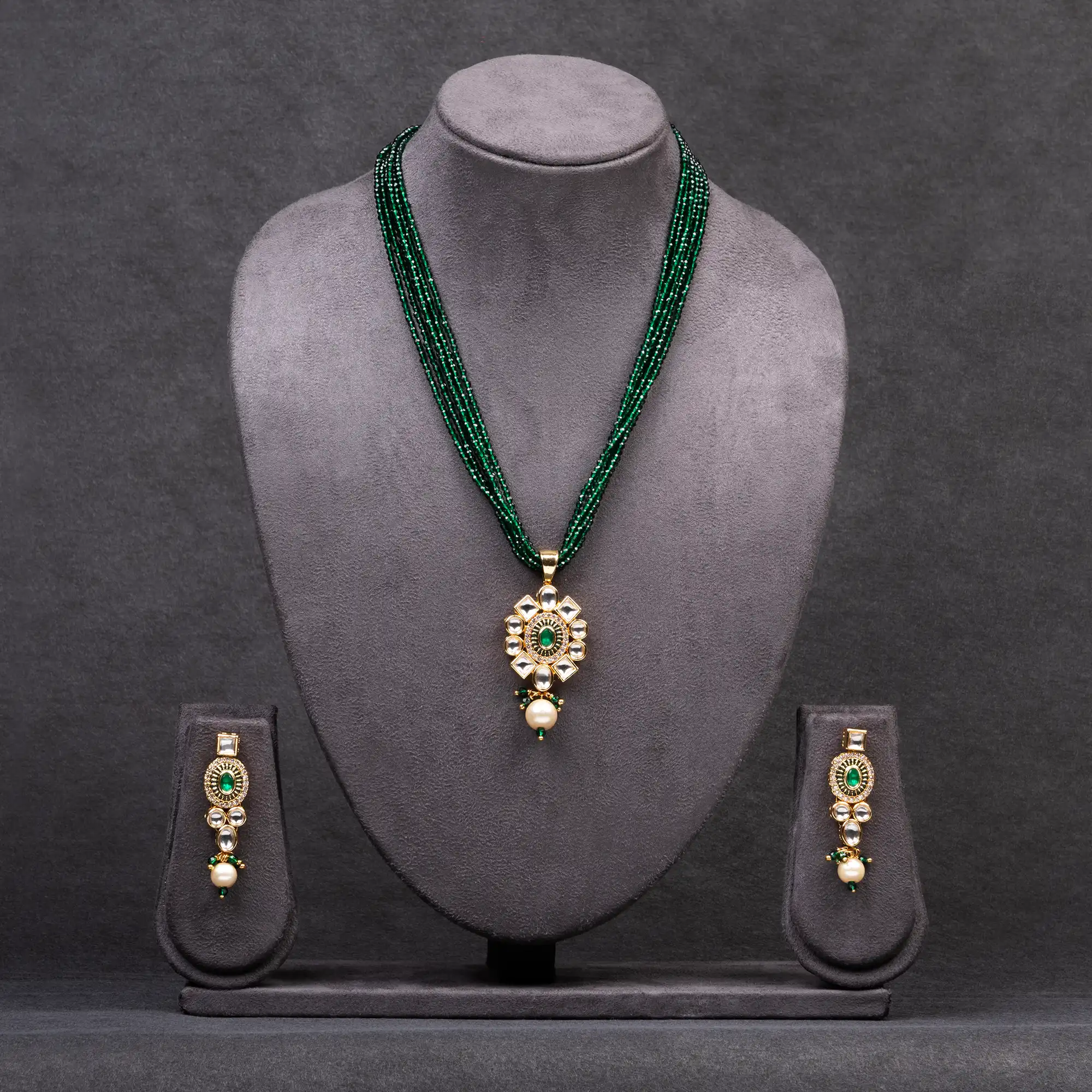 Kundan and Green Stone Pendant Set with 6 Lined Green Hydro Mala
