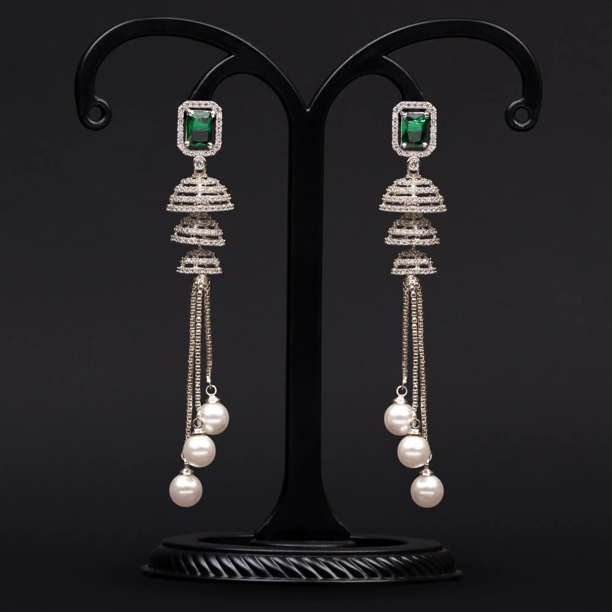 Green Emerald Stone and American Diamonds Long Earrings with Pearls