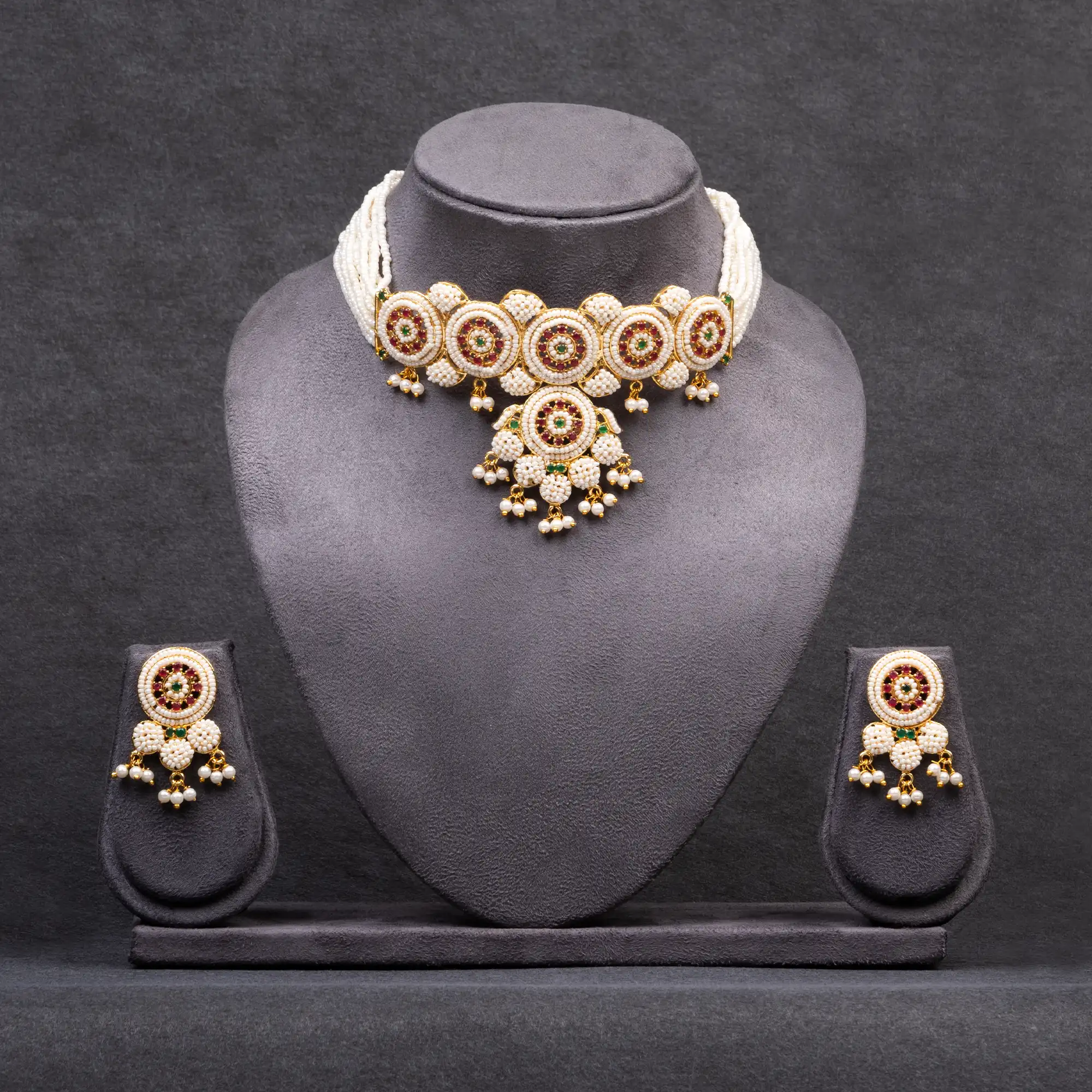 Multistrands of Pearls Choker and Earring Set with a Hint of Green and Red  American Diamonds