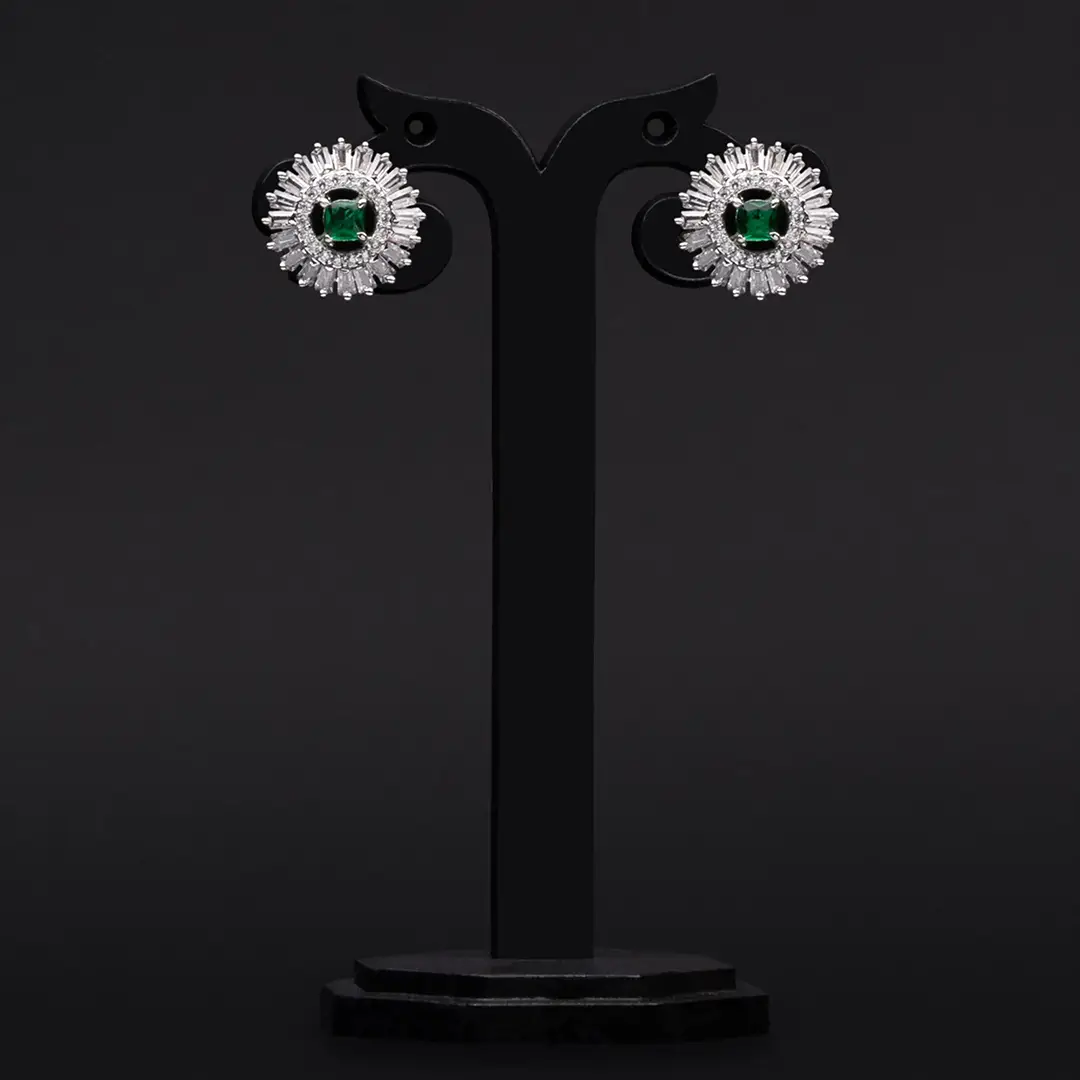 Elegant Square Shaped Green Emerald Stone with American Diamonds in Rodium-Plated Round Tops