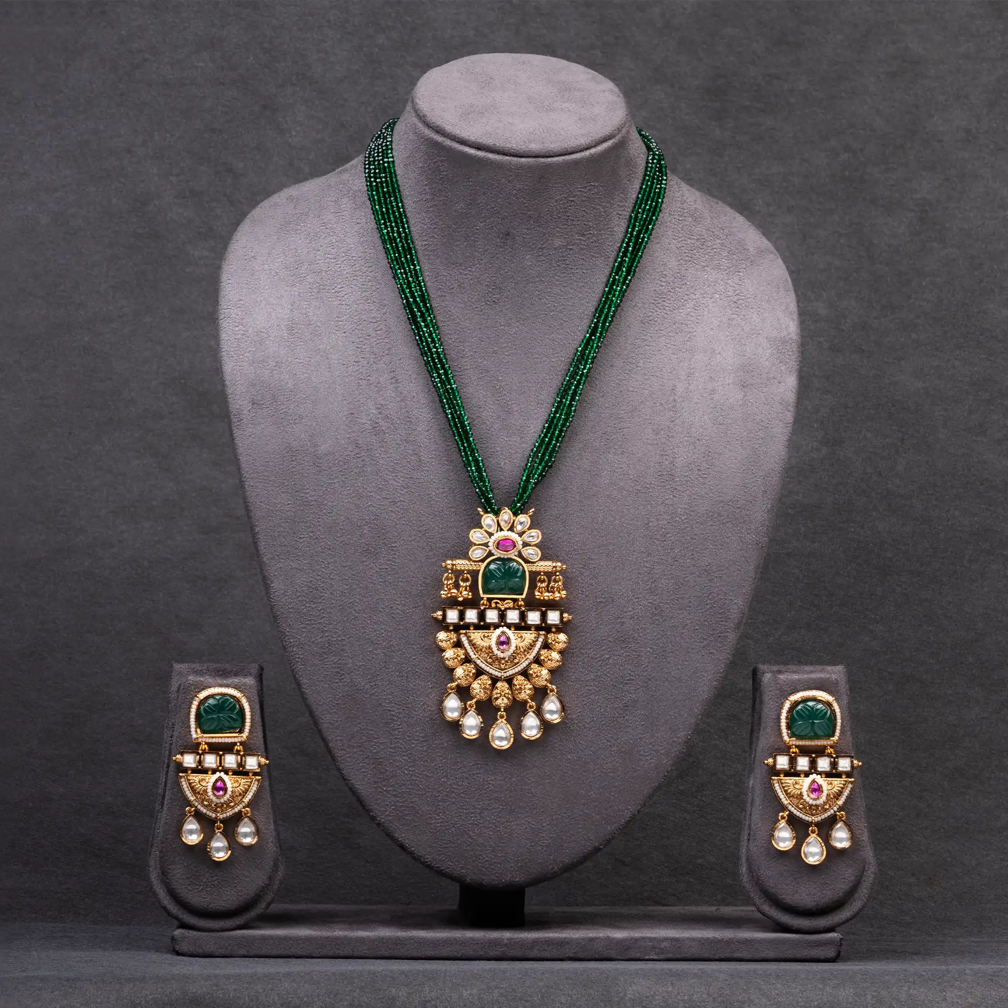 Timeless Real Gold Look Kundan Pendant Set with 6 Lined Mala