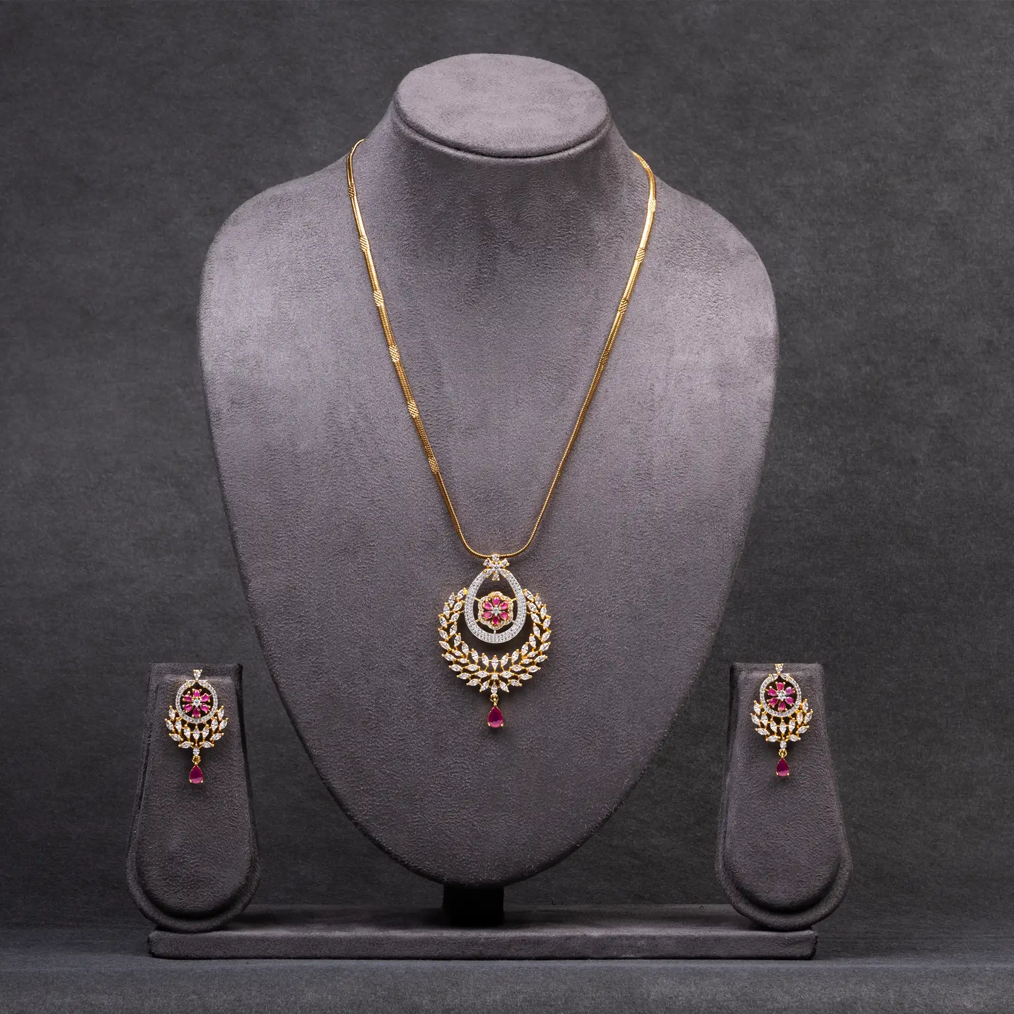 Gold-Plated American Diamond and Ruby Stone Pendant Set with Chain