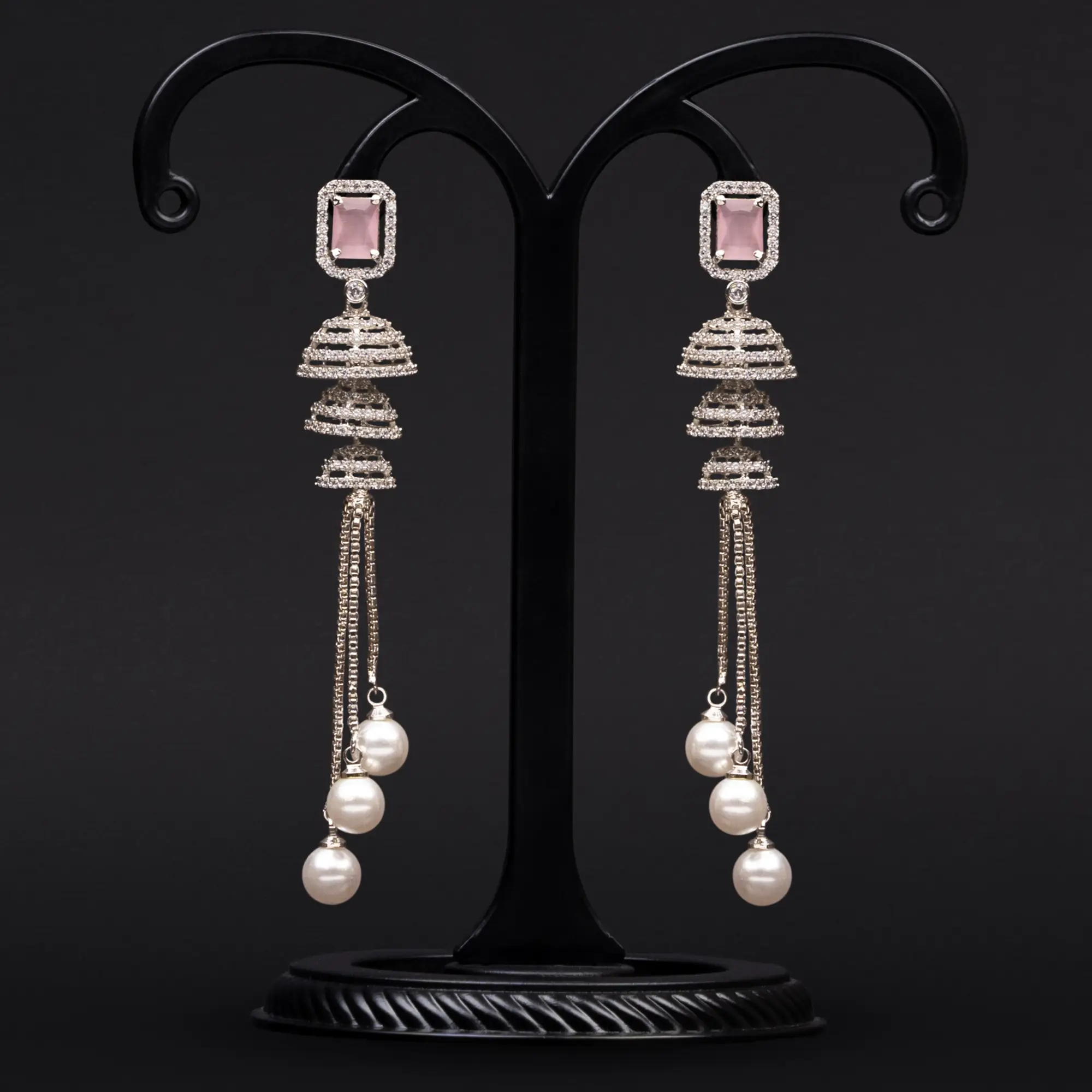 Pink Emerald Stone and American Diamonds Long Earrings with Pearls