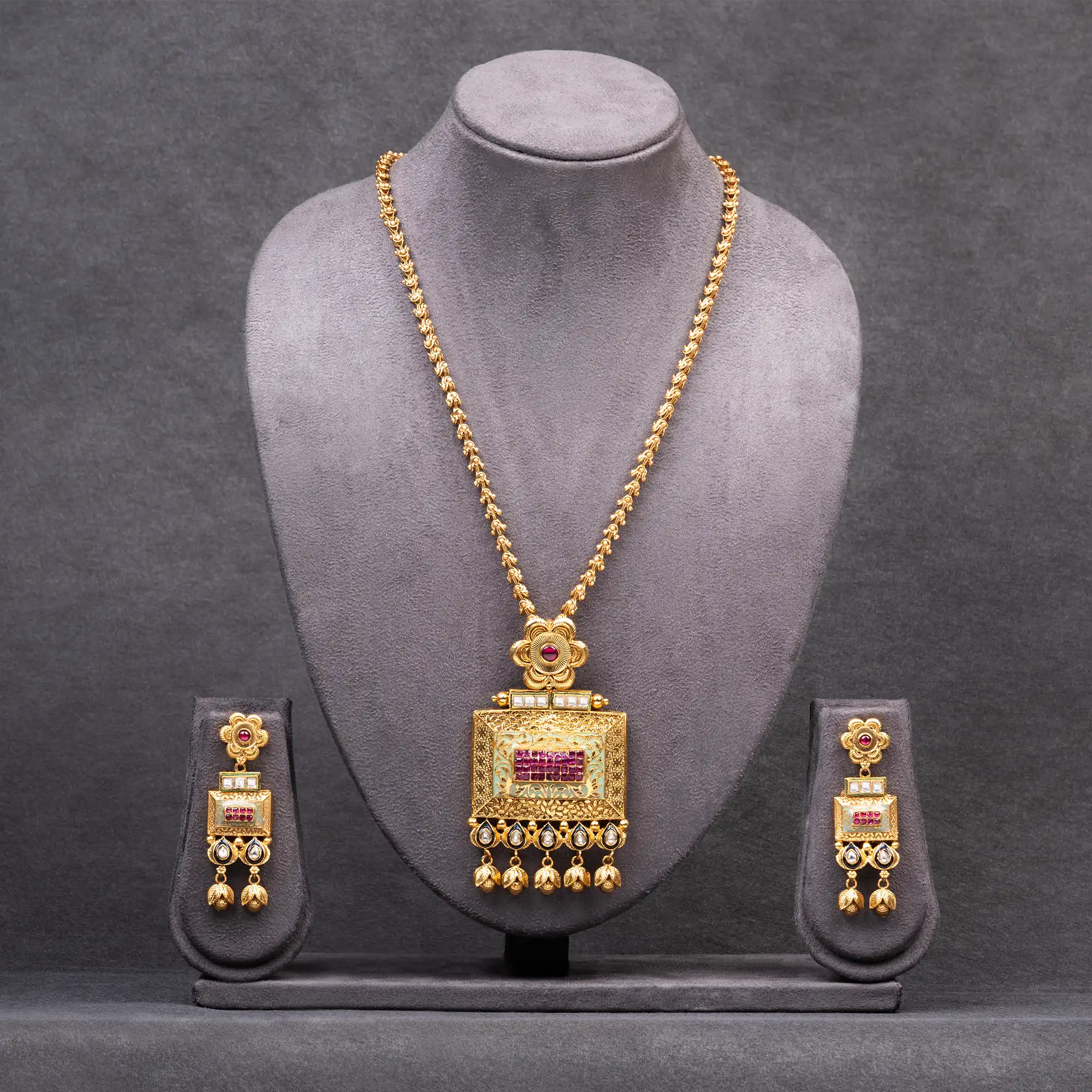 Kundan, Meenakari and Ruby Stones Gold-Plated Pendant Set with Chain