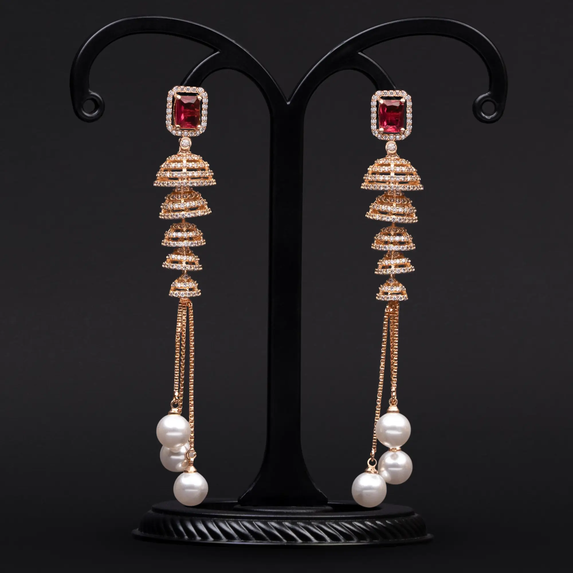 Ruby Red Stone Chic Danglers with American Diamonds in Rose Gold-Plating