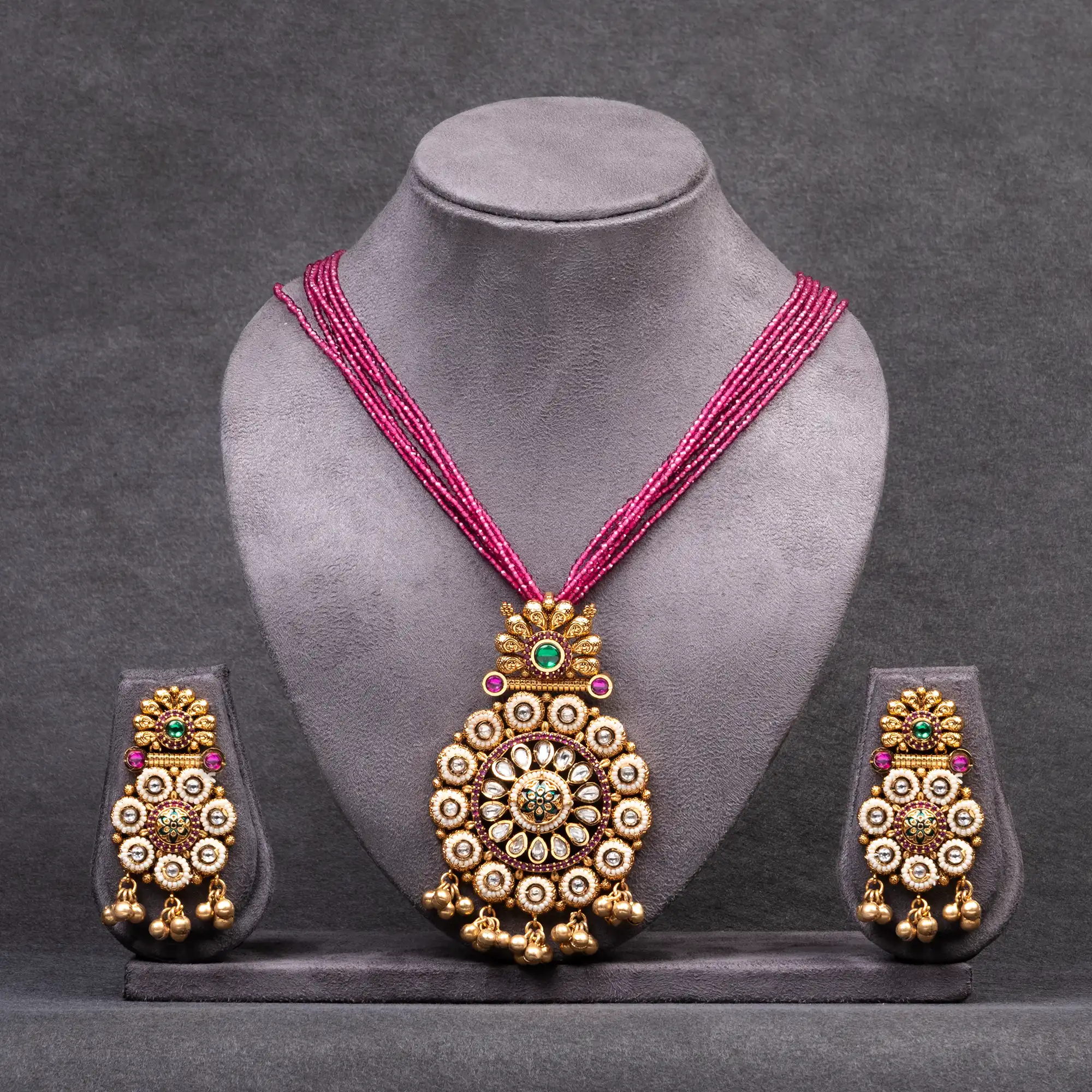 Kundan and White Pearls Pendant Set with 6 Lined Pink Hydro Mala