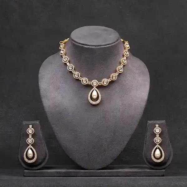 Gold-Plated American Diamond, Kundan and Pearl Necklace and Earrings Set