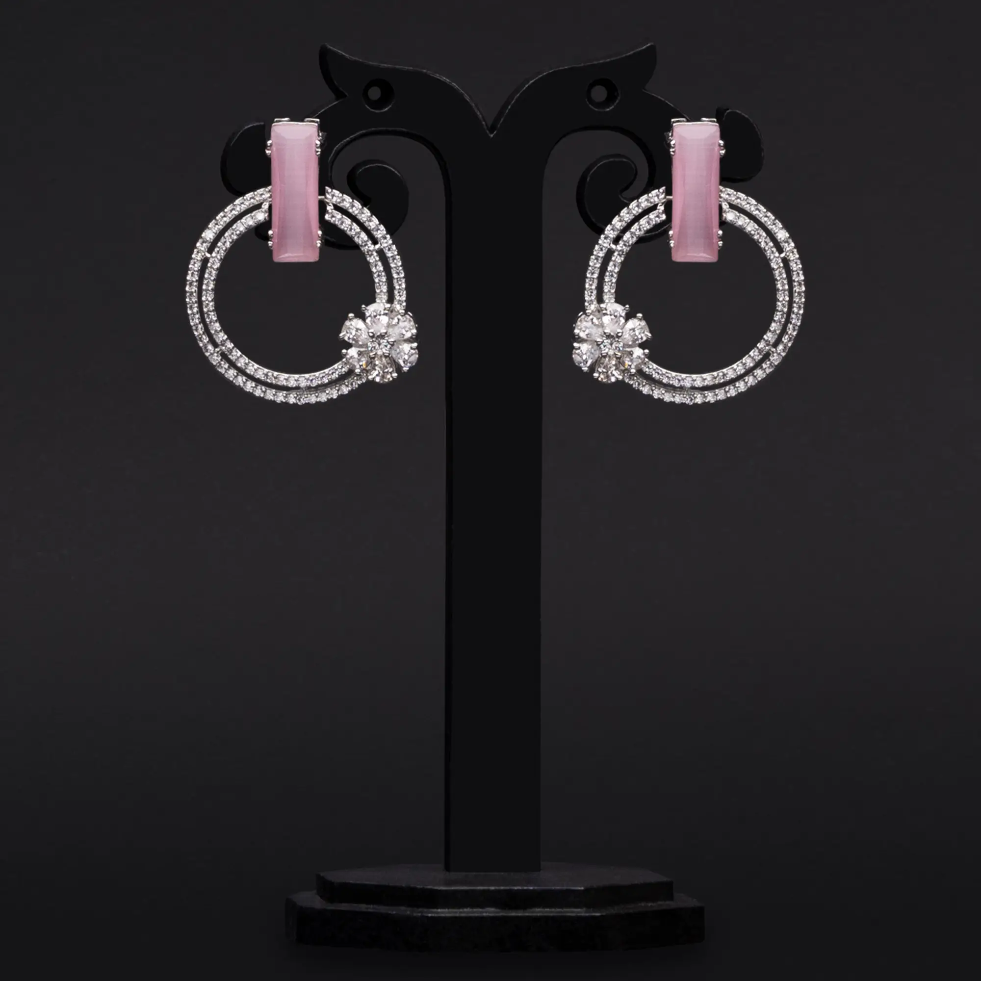 Rhodium-Plated Pink Stone and American Diamond Earrings