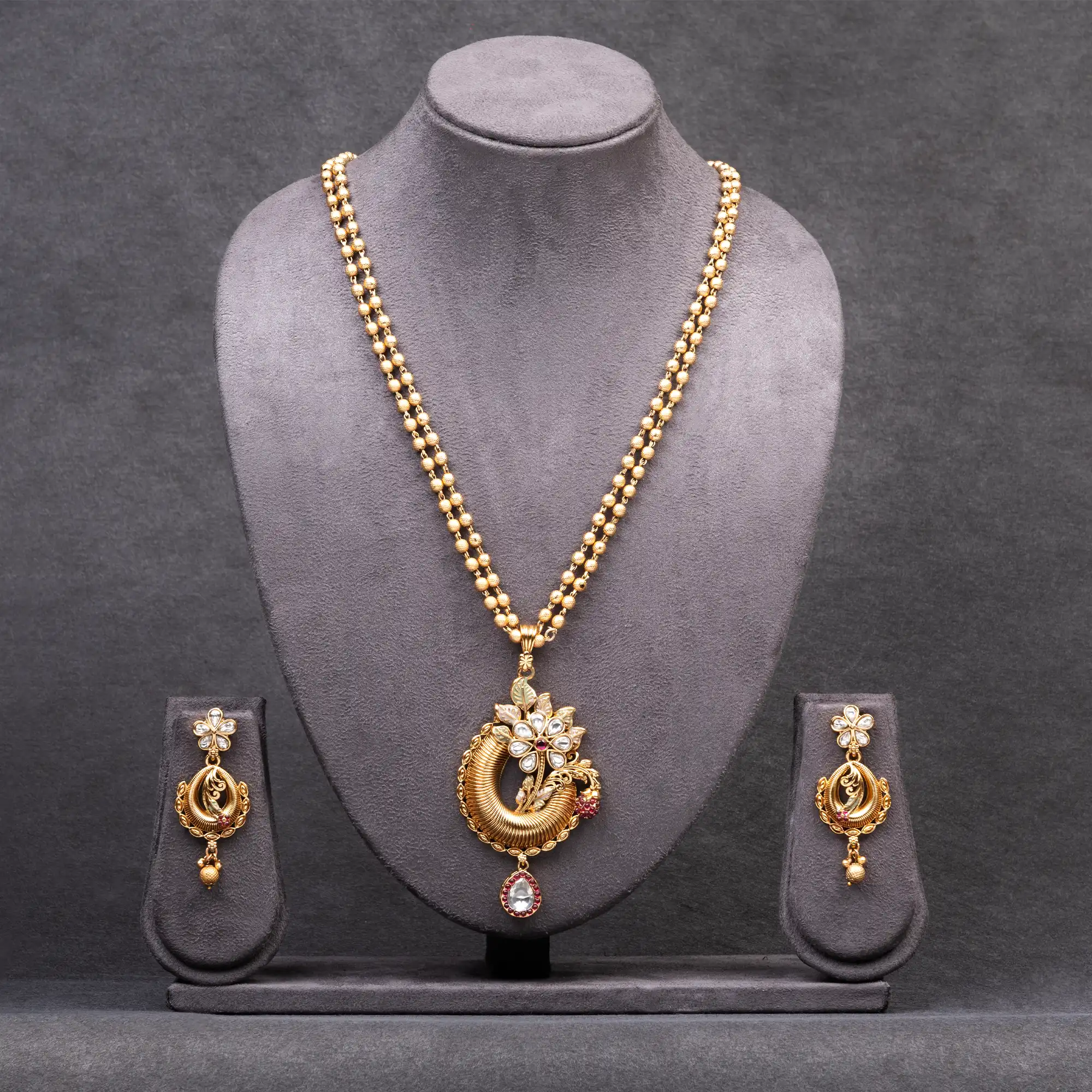 Gold, Kundan and Meenakari Pendant Set with Double Lined Gold Beads Mala