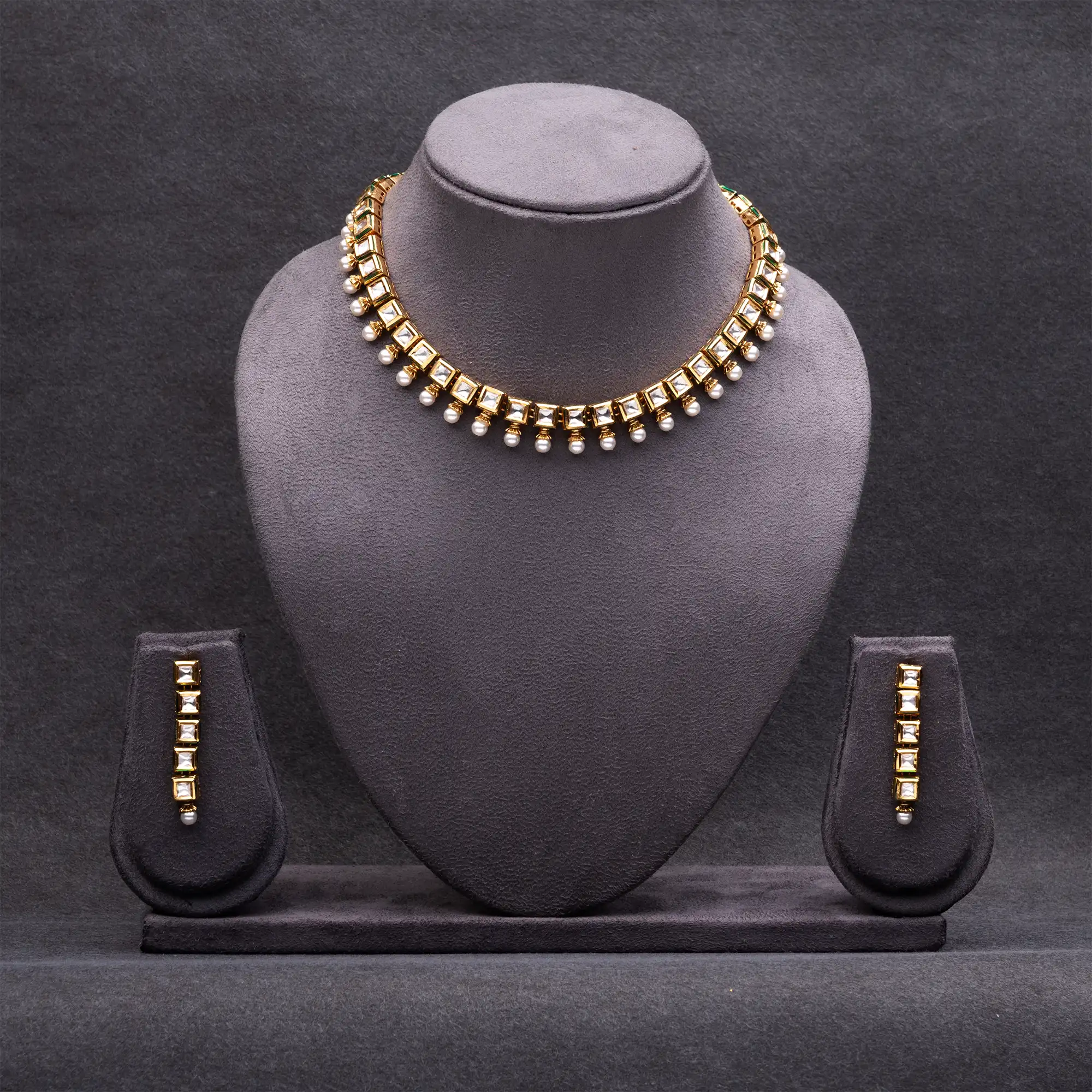 Gold-Plated AC Kundan with White Pearls Necklace and Earrings Set