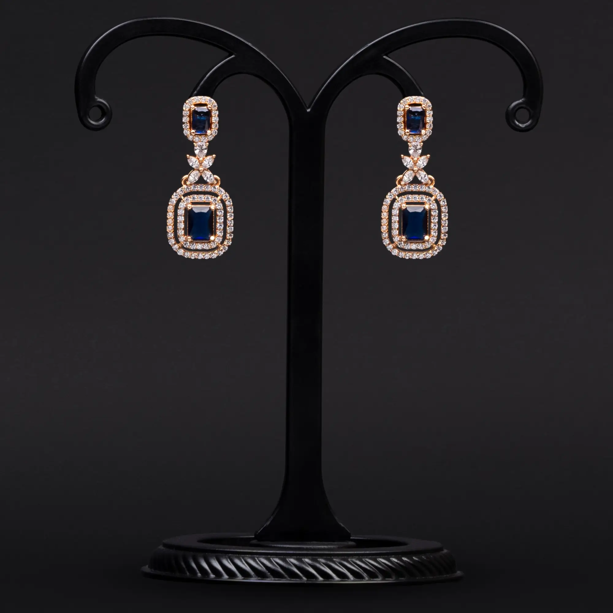 Royal Blue Stones with American Diamonds in Rose Gold-Plated Earrings