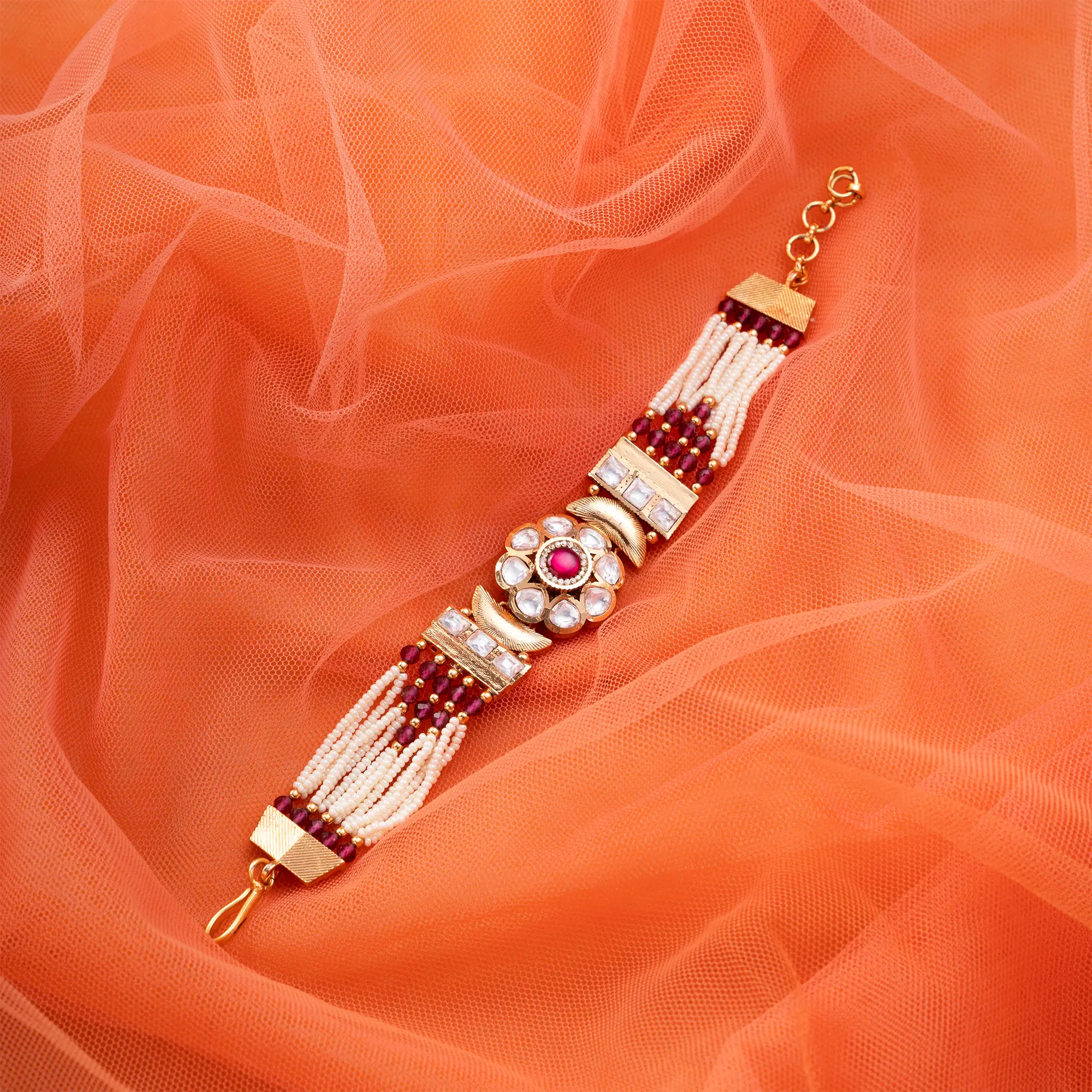 Gold-Plated Kundan, Red Stone, White and Red Pearls Bracelet