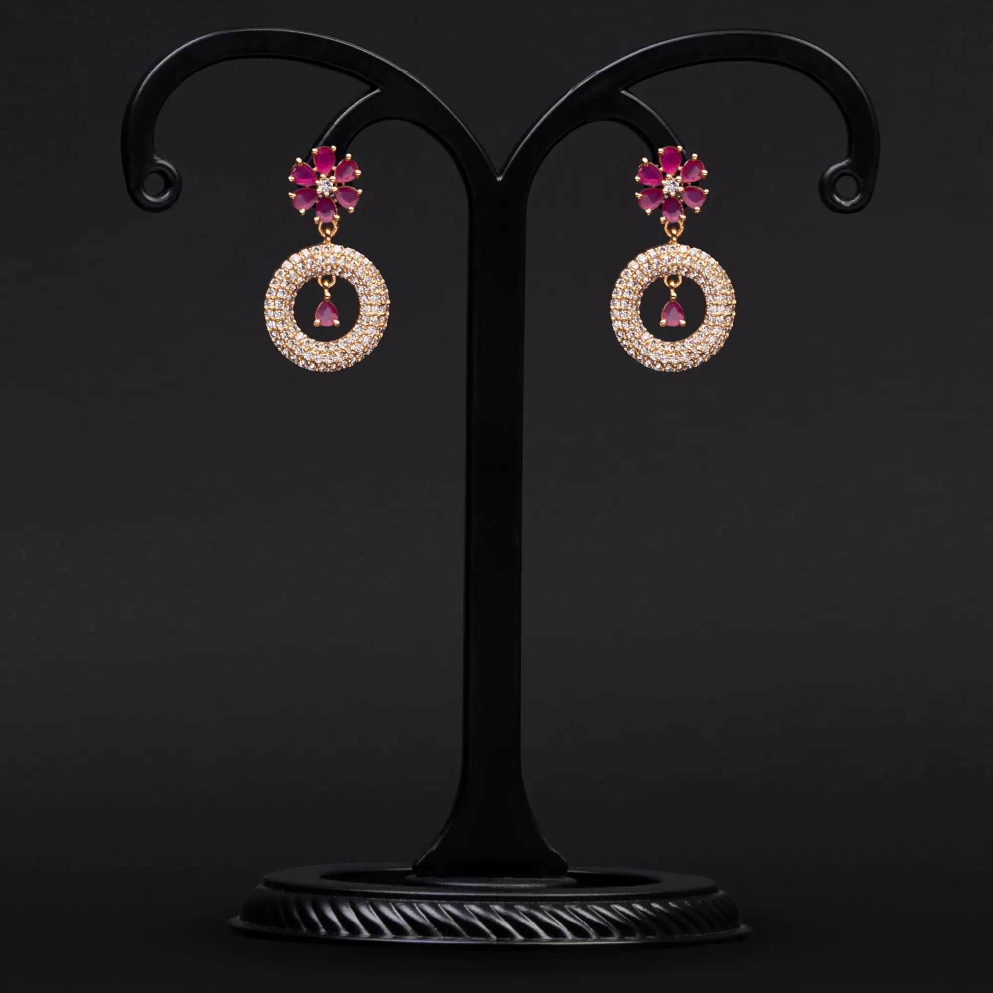 Dark Pink Floral Motif with American Diamond Studded Rose Gold-Plated Earrings