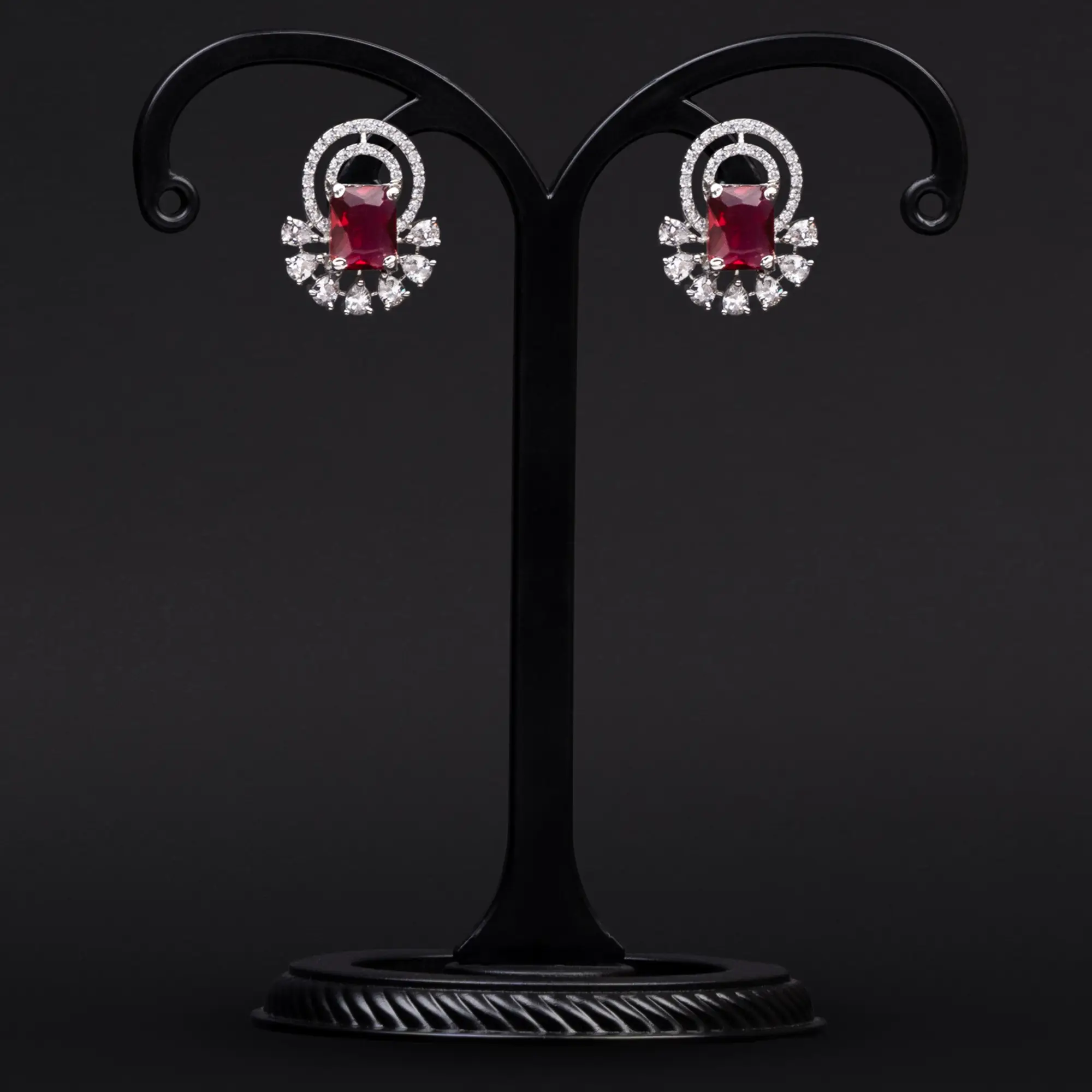 Red Stone, American Diamonds and Drop-Shaped White Stone Earrings with Rhodium Polish