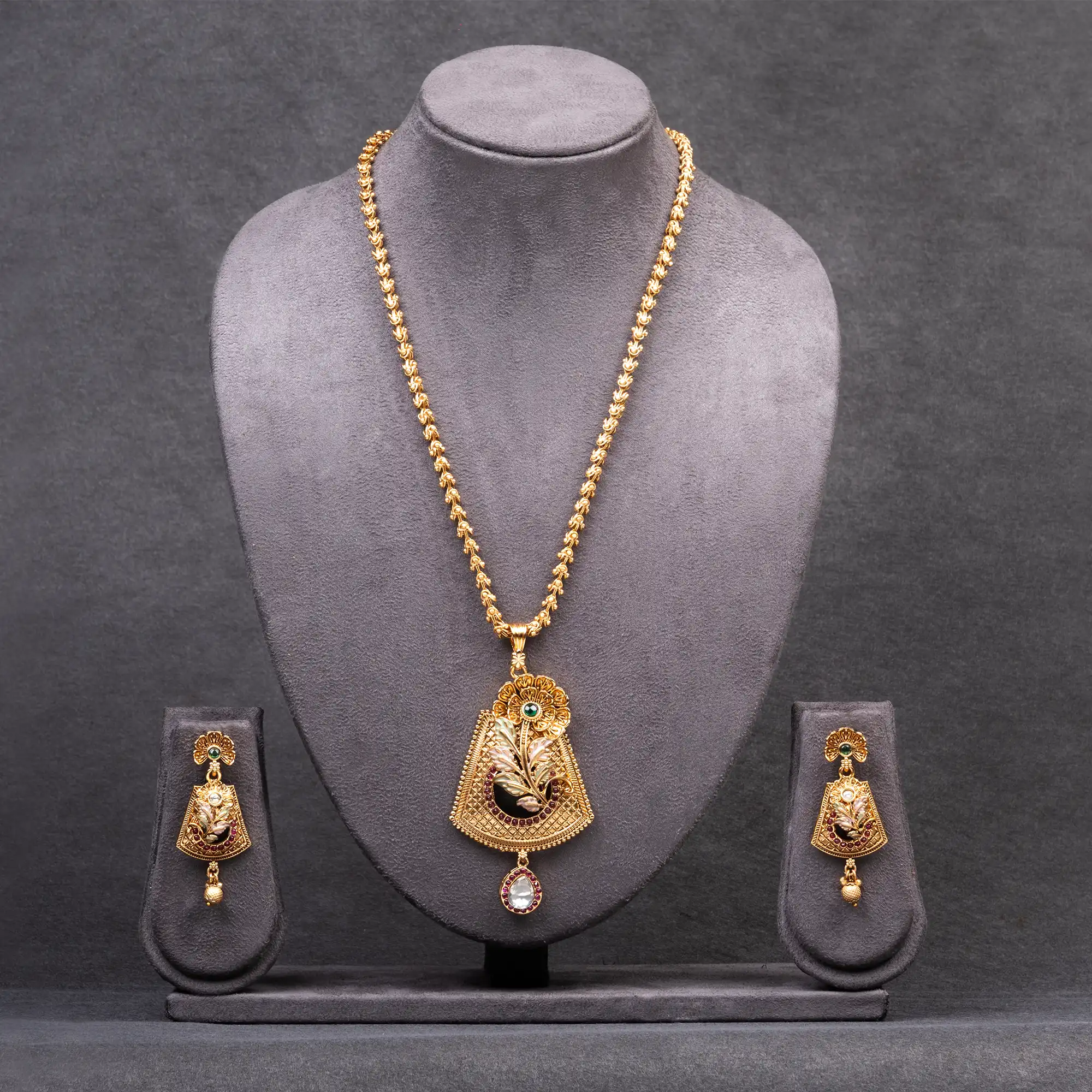 Kundan, Meenakari and Coloured Stones Antique Gold-Plated Pendant Set with Chain