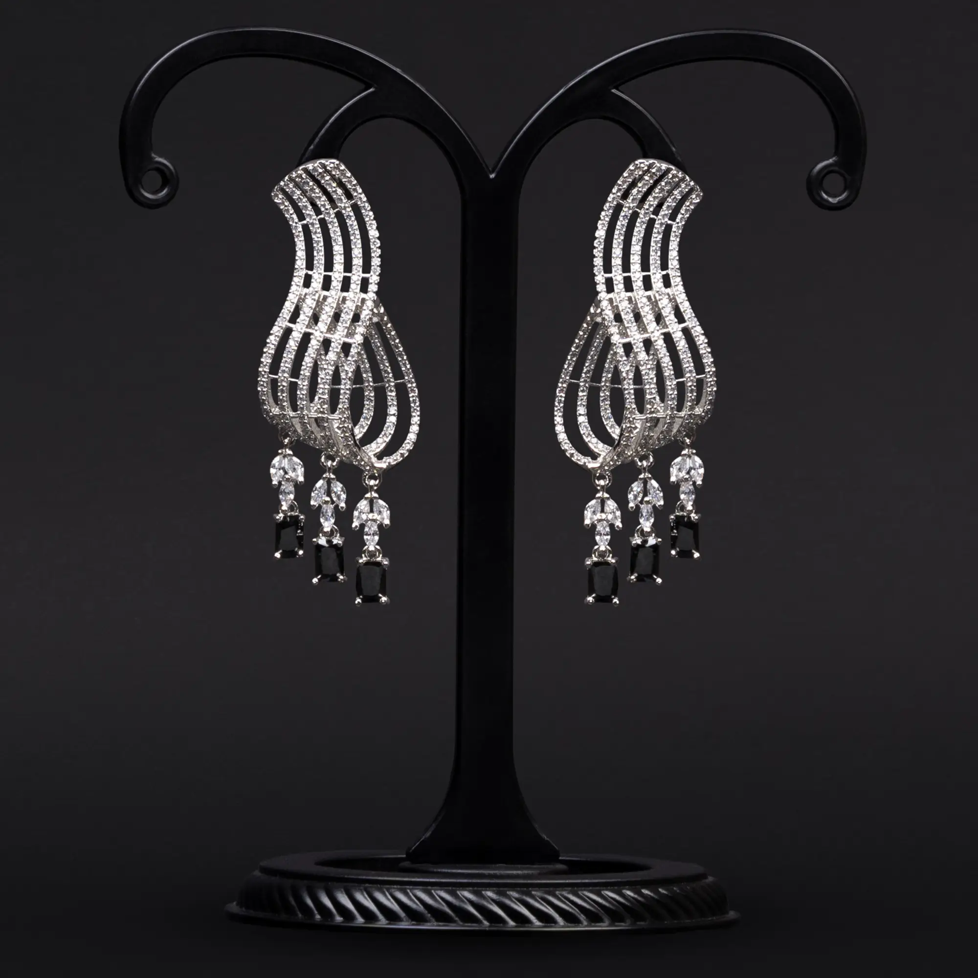 Sparkling Danglers Rhodium-Plated and Adorned with American Diamonds and Black Stones