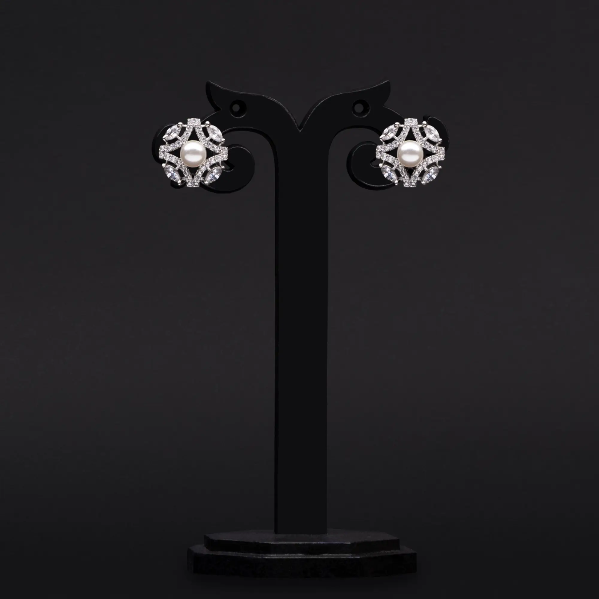 Rhodium-Plated American Diamond and Pearl Earrings