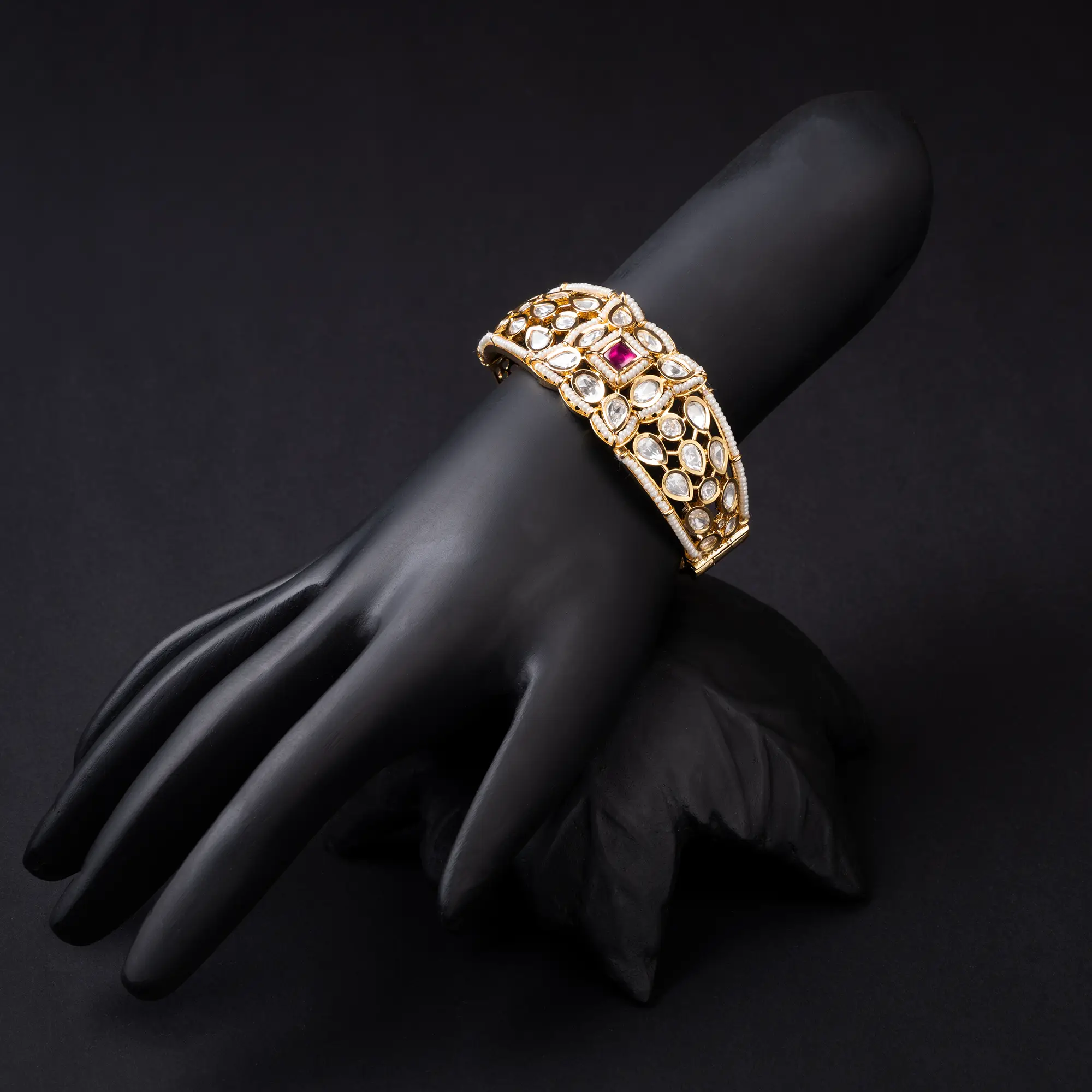Gold-Plated Kundan and Pearl Bracelet with Ruby Red Stone
