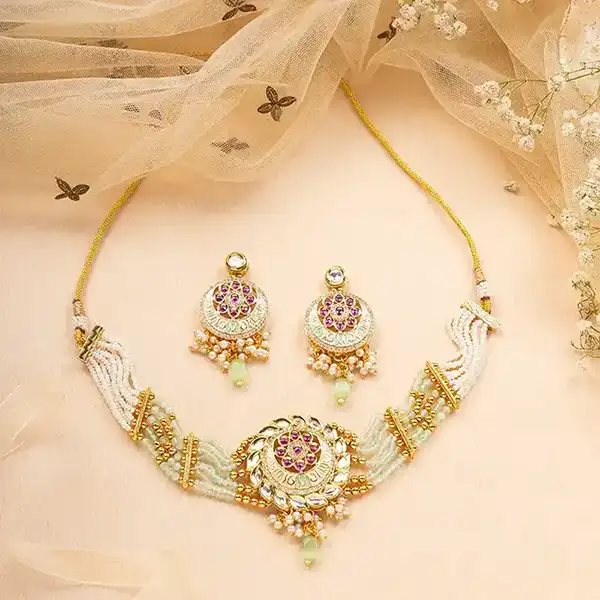 Gold-Plated Choker Set in Kundan and Meenakari with White Pearls, Mint and Gold Beads